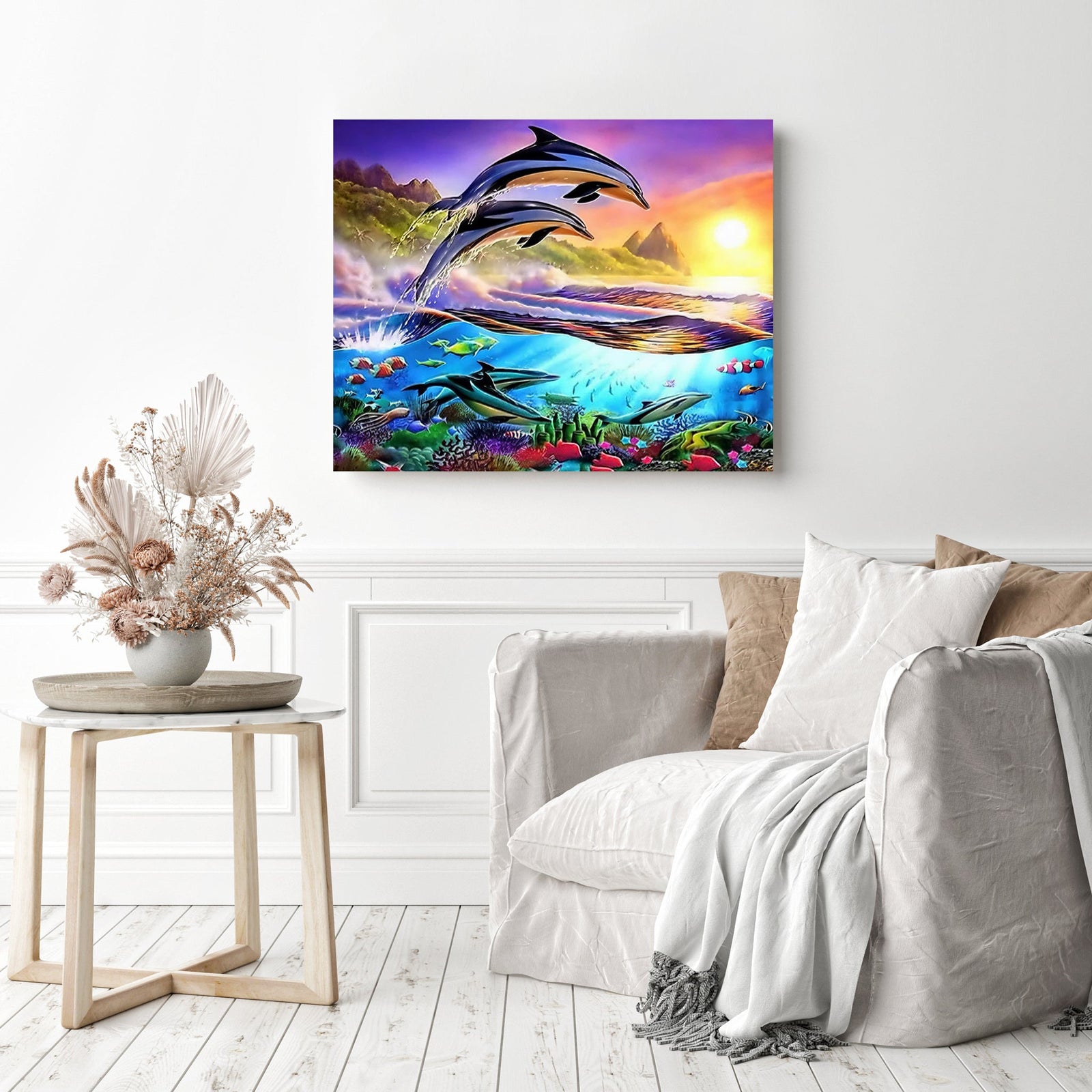 Two Dolphins | Diamond Painting Displayed as Home Decor