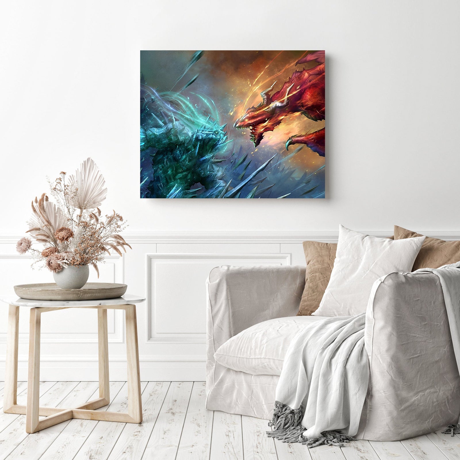 Ice Dragon nd Fire Dragon Battle | Diamond Painting Displayed as Home Decor