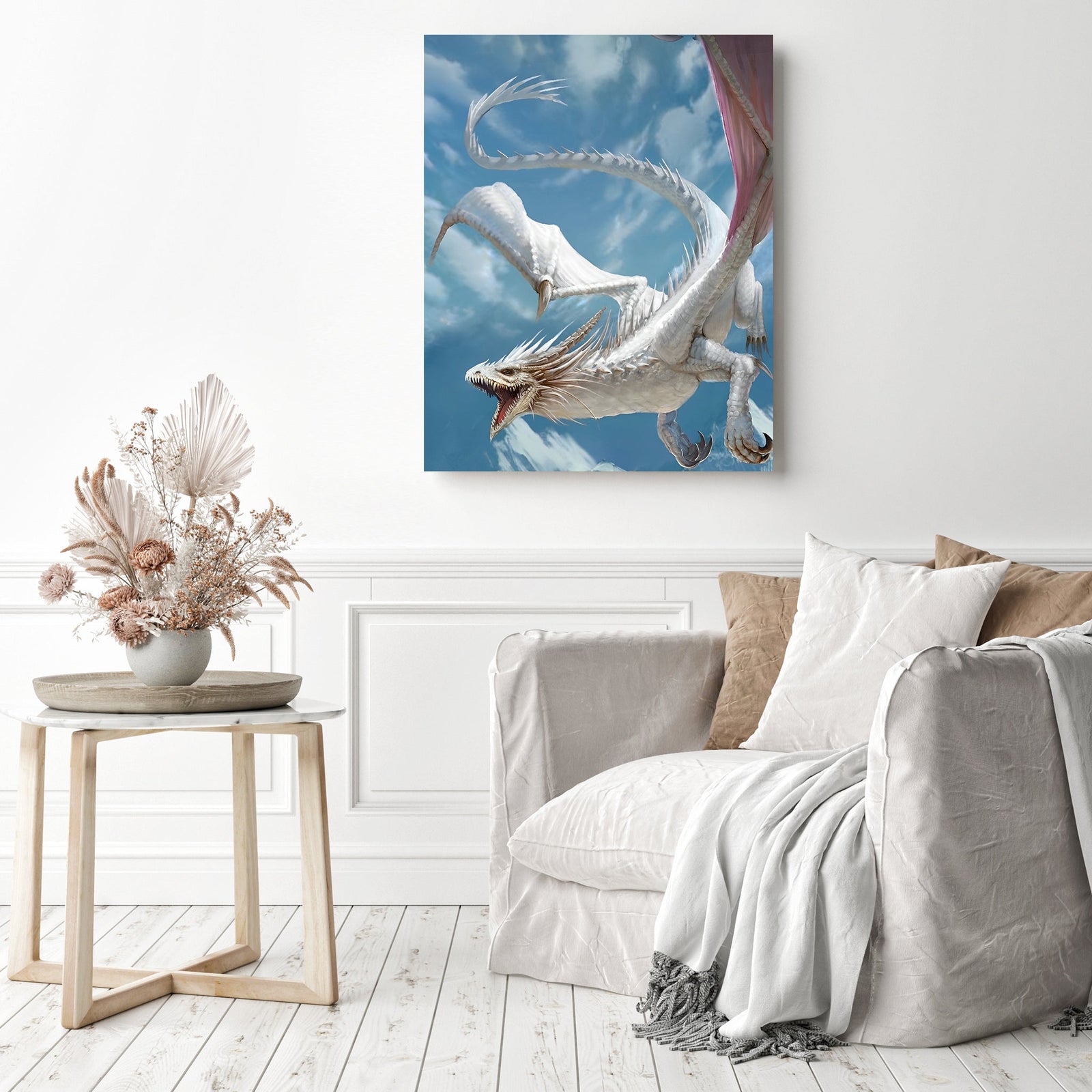 White Dragon in Flight | Diamond Painting Displayed as Home Decor