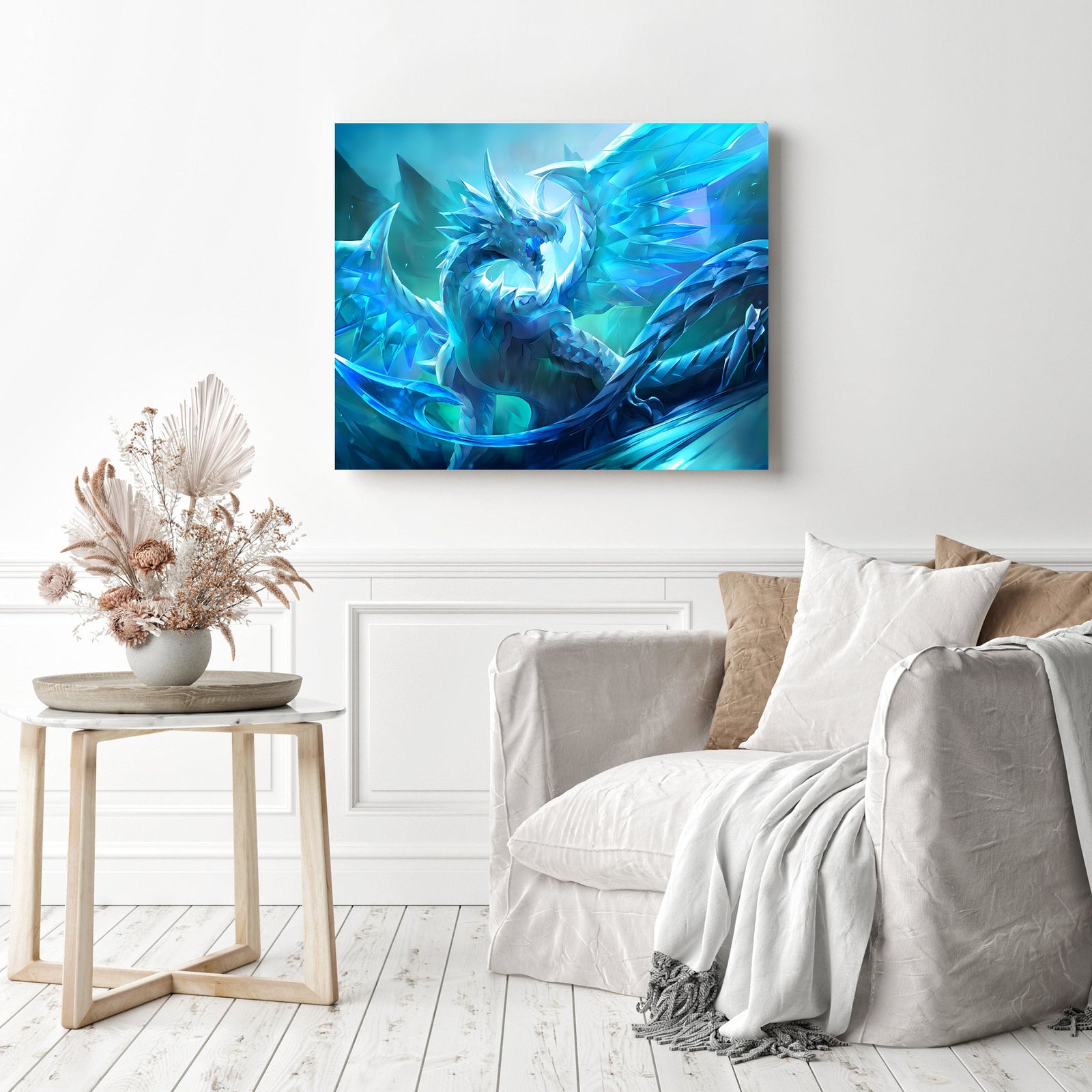 Ice Crystal Dragon | Diamond Painting Displayed as Home Decor