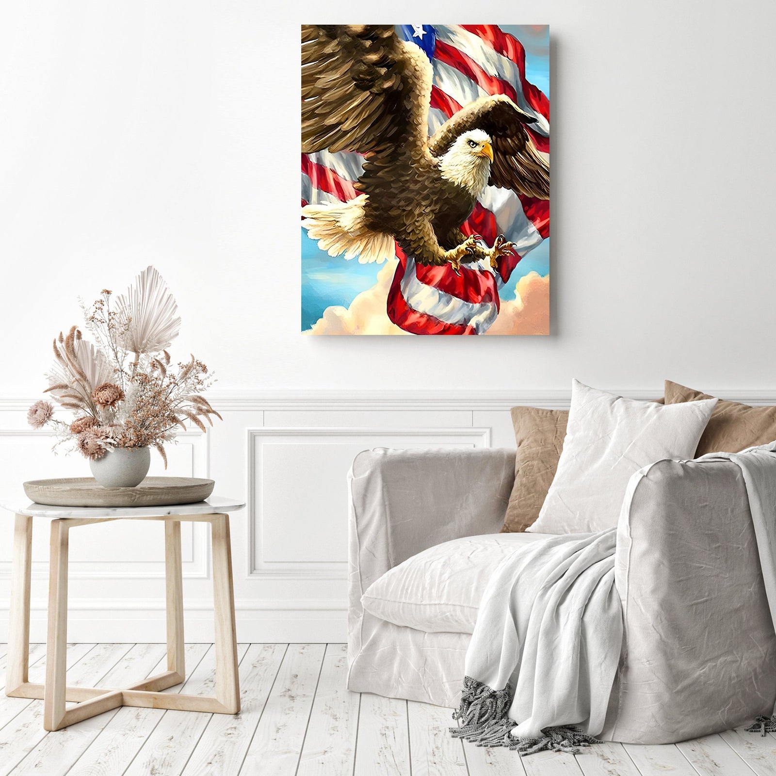 Flag and Eagle in Motion | Diamond Painting Displayed as Home Decor