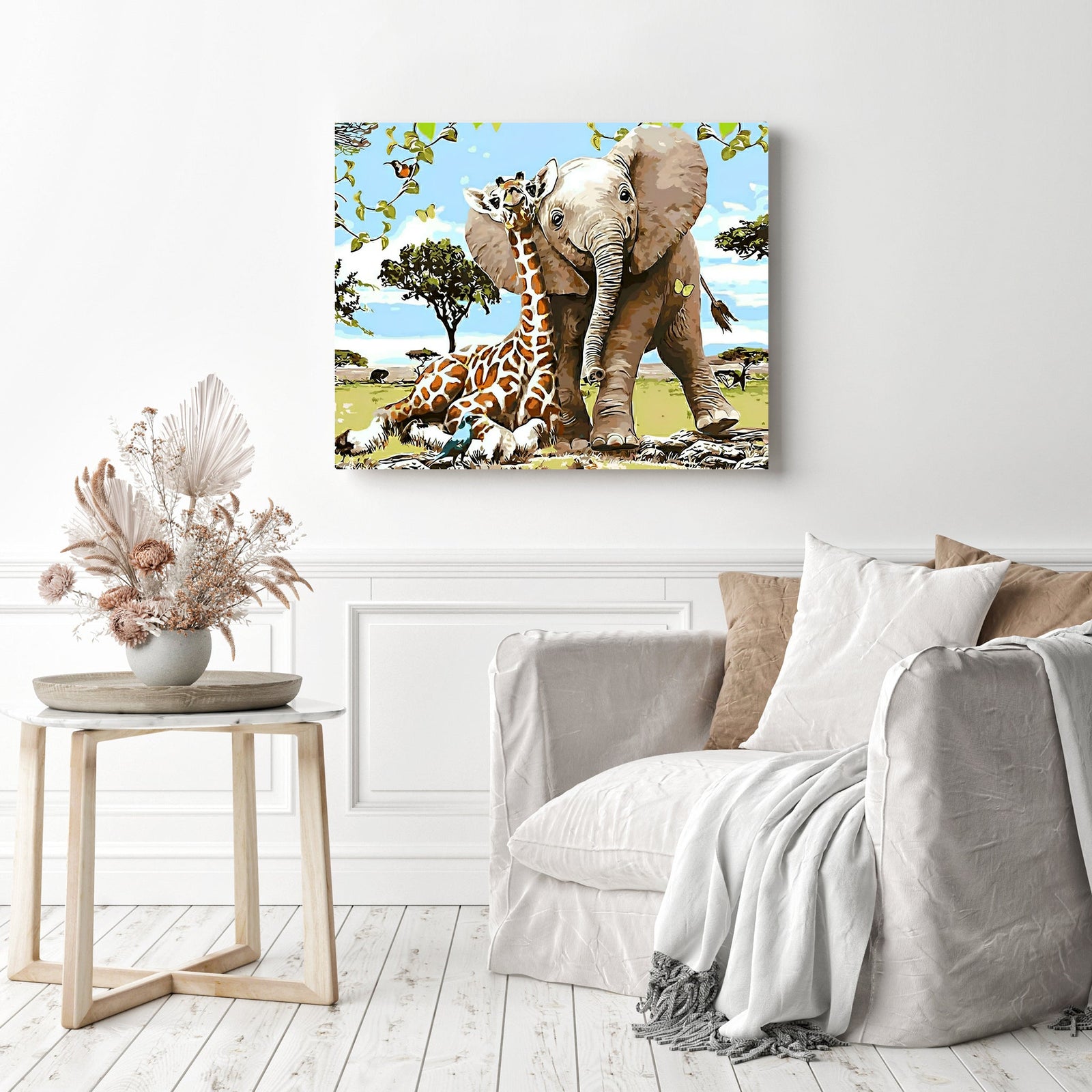 Elephant and Giraffe | Diamond Painting Displayed as Home Decor