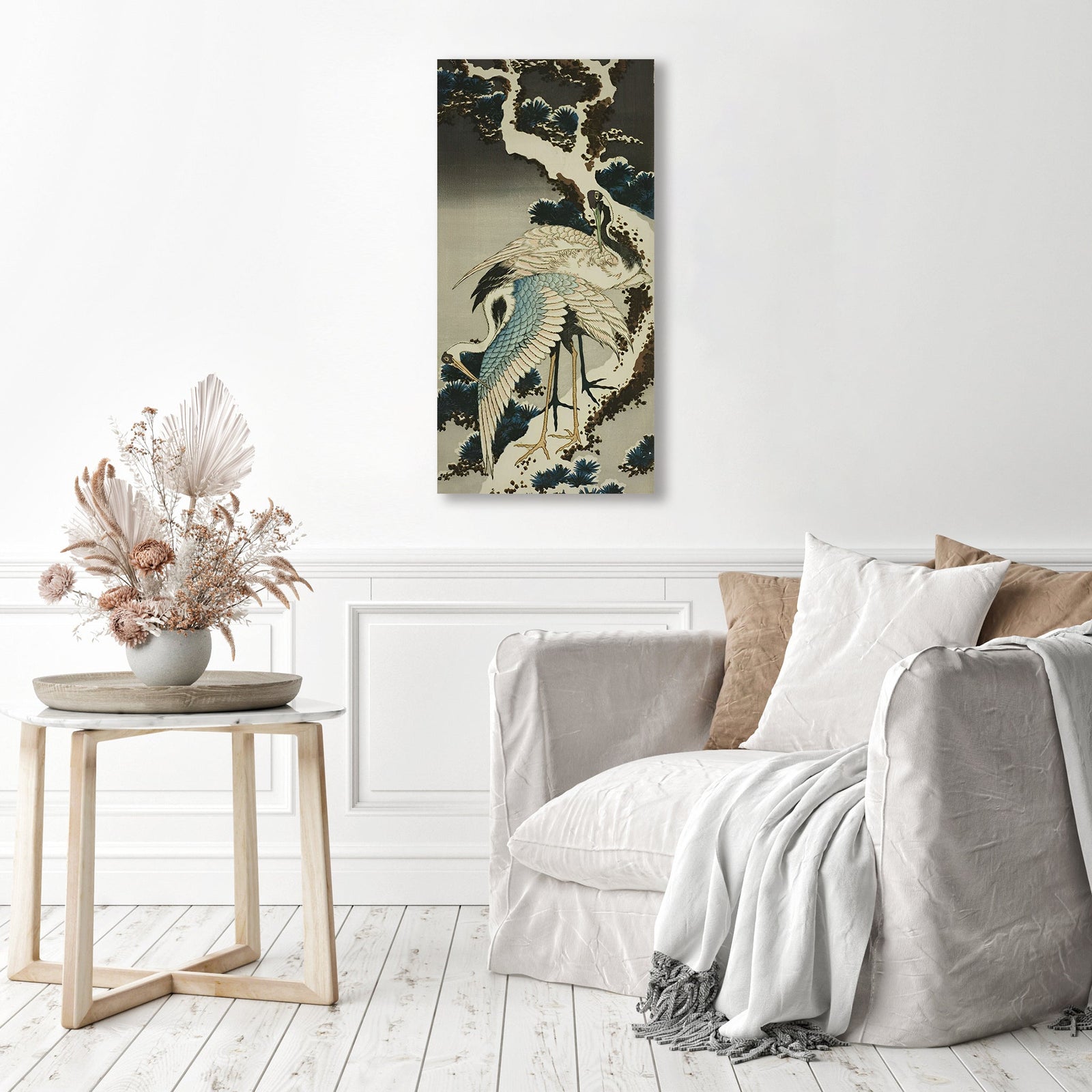 Cranes on Snow Covered Pine | Diamond Painting Displayed as Home Decor