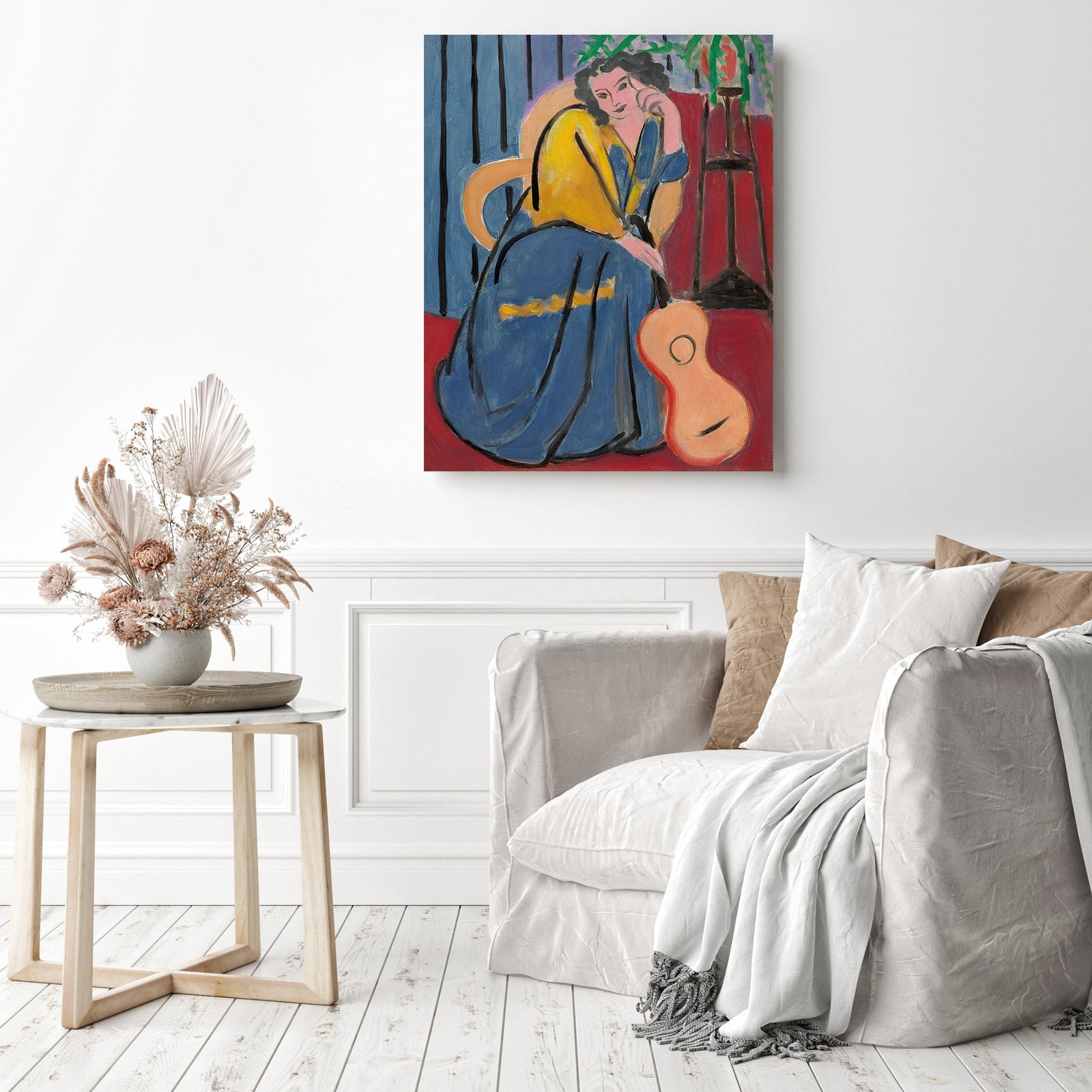 Girl in Yellow and Blue with Guitar | Diamond Painting Displayed as Home Decor