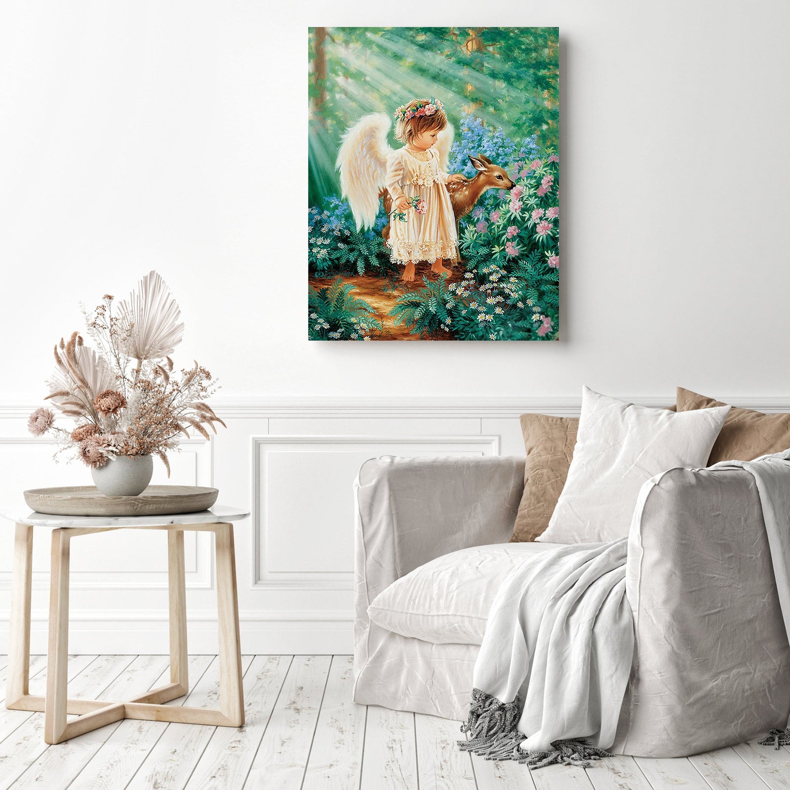 Angel and deer | Diamond Painting Displayed as Home Decor