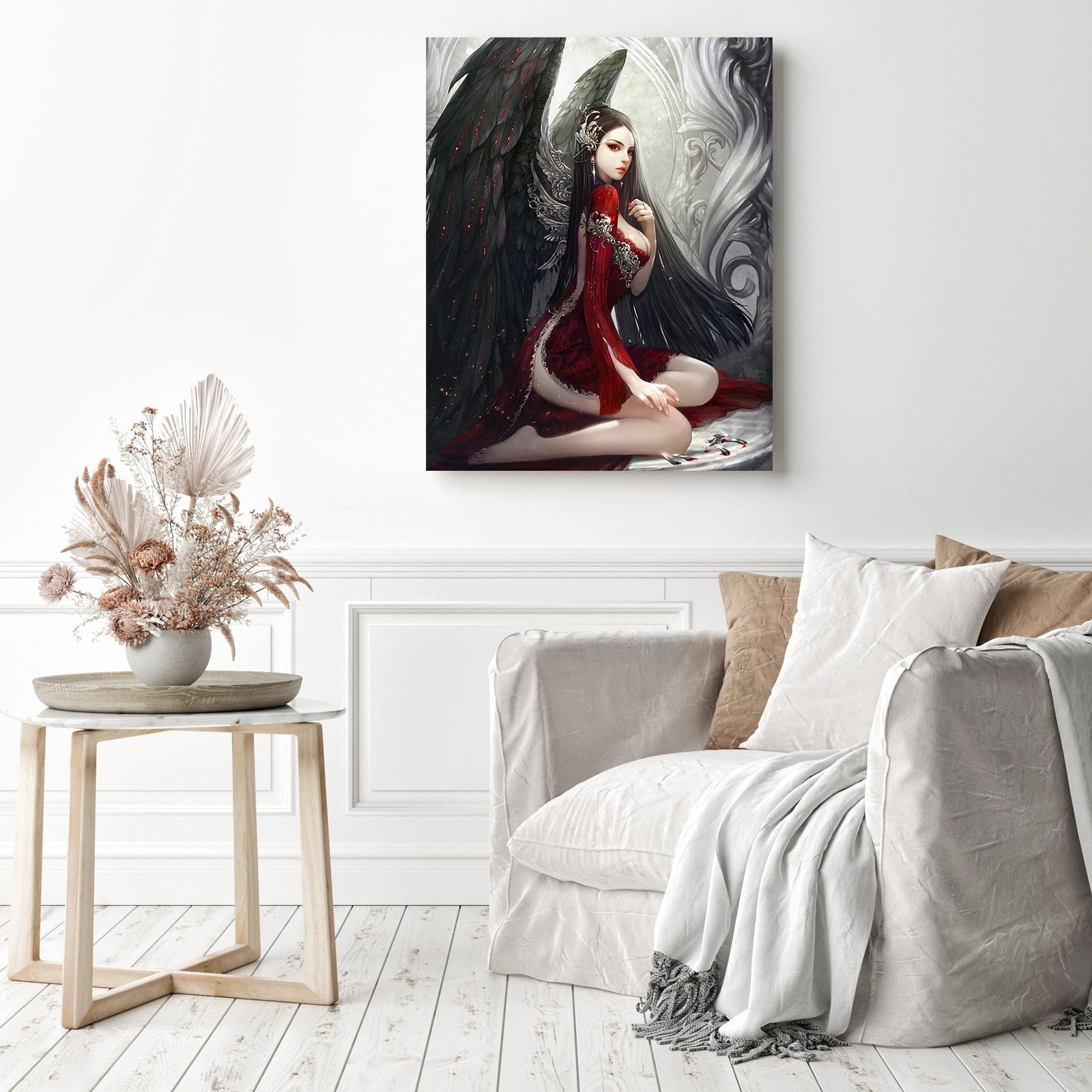 Angel Girl Black Wings | Diamond Painting Displayed as Home Decor