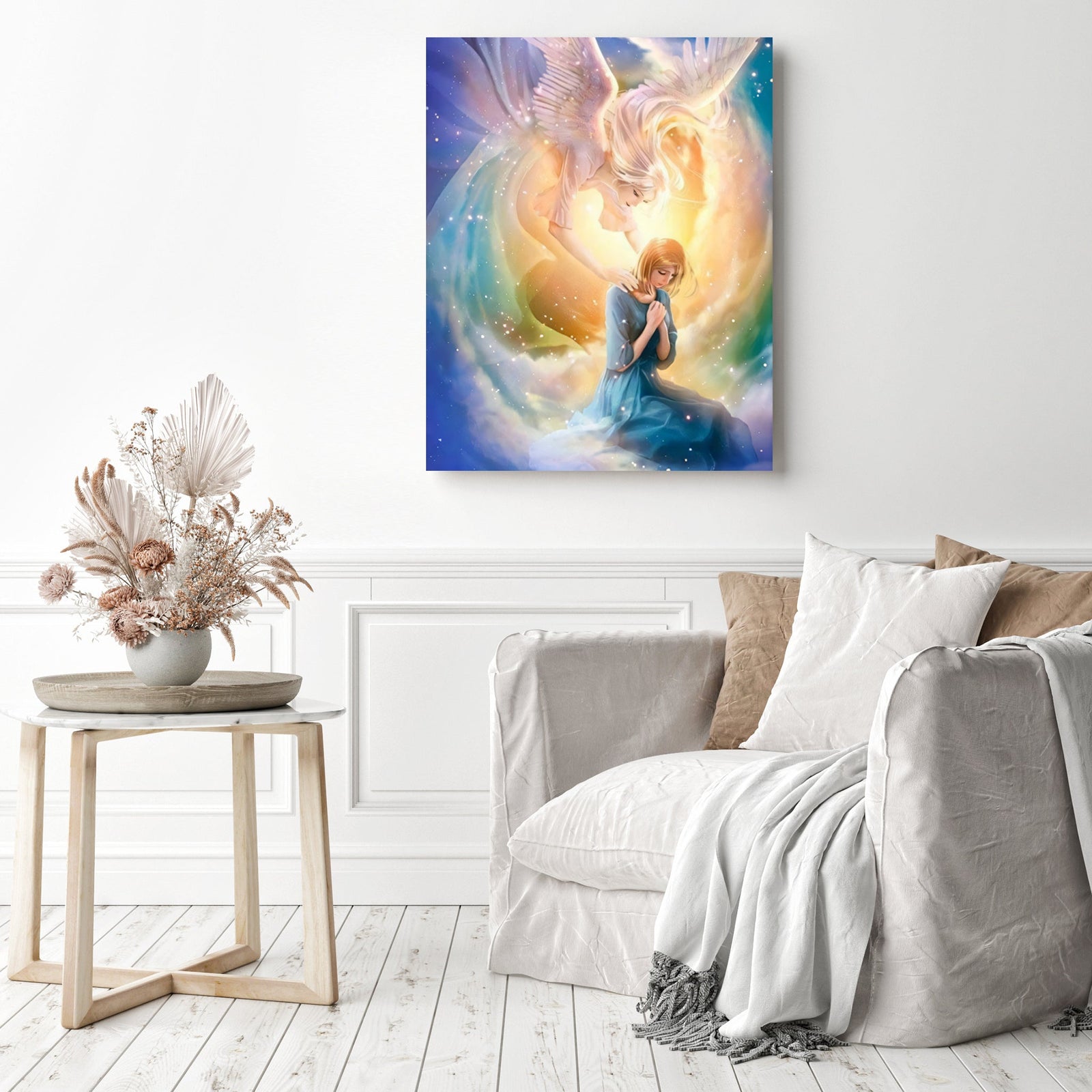 Beautiful Guardian Angel Girl | Diamond Painting Displayed as Home Decor