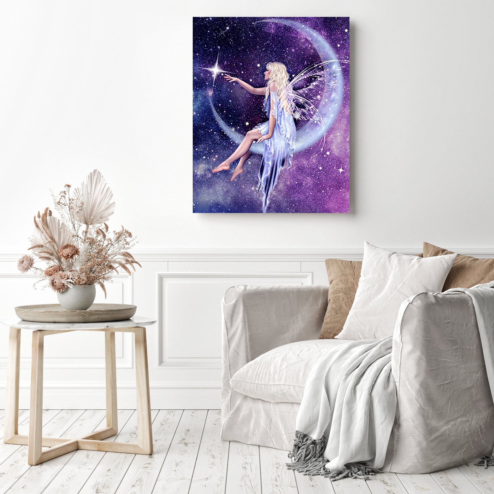 Angel on Moon | Diamond Painting Displayed as Home Decor