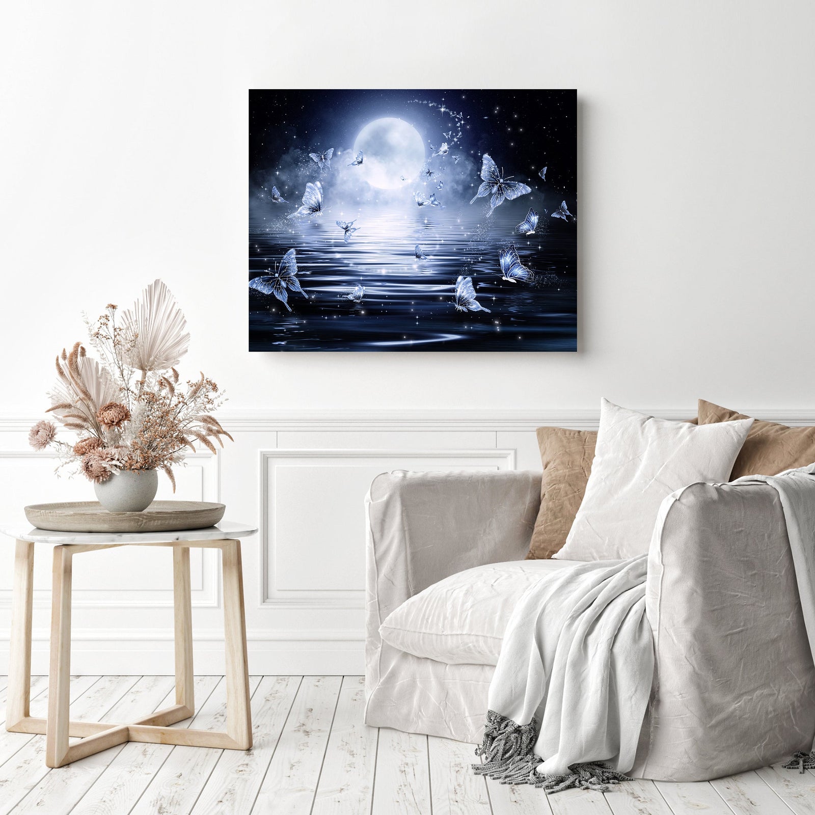 Butterflies at Midnight | Diamond Painting Displayed as Home Decor