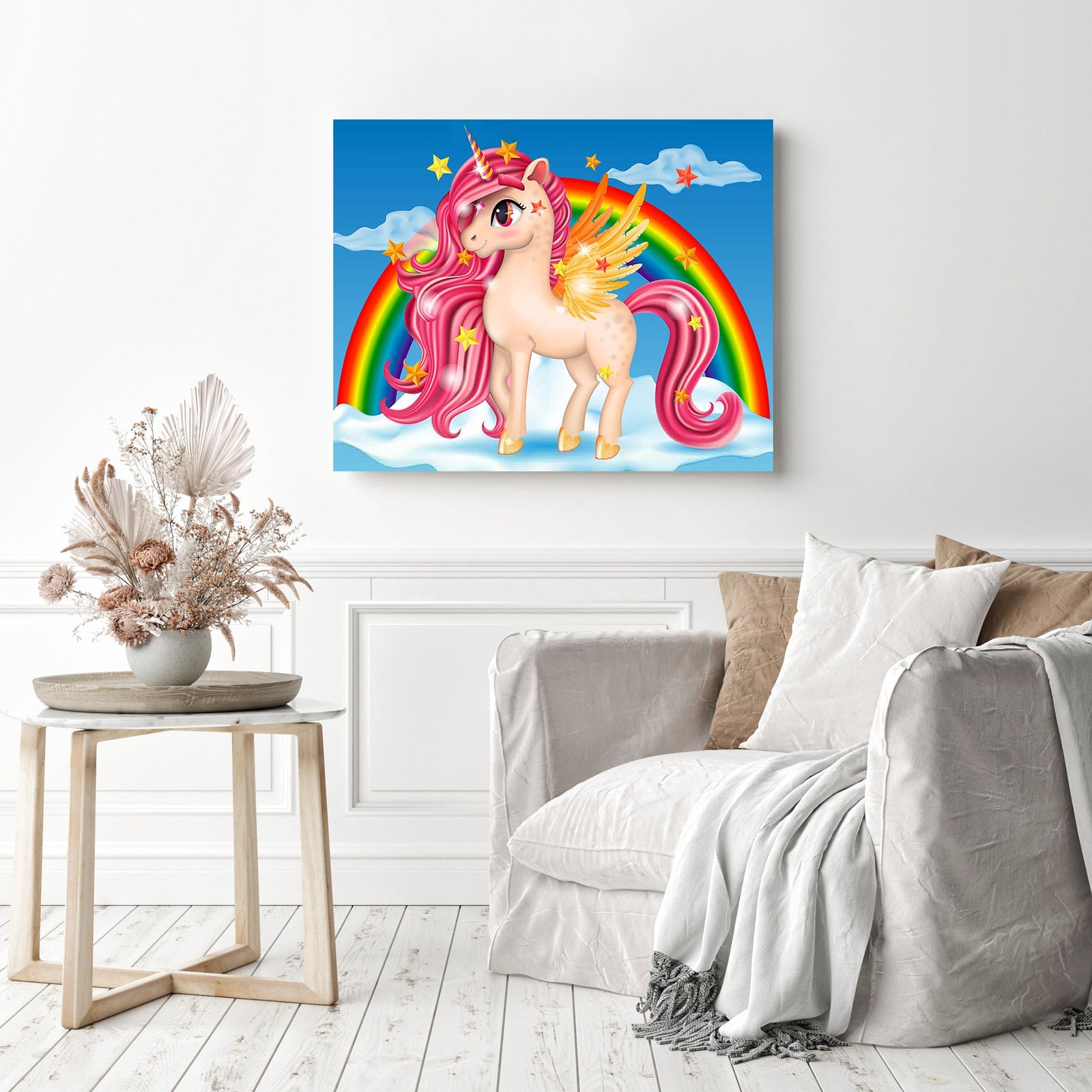 Happy Rainbow Unicorn | Diamond Painting Displayed as Home Decor