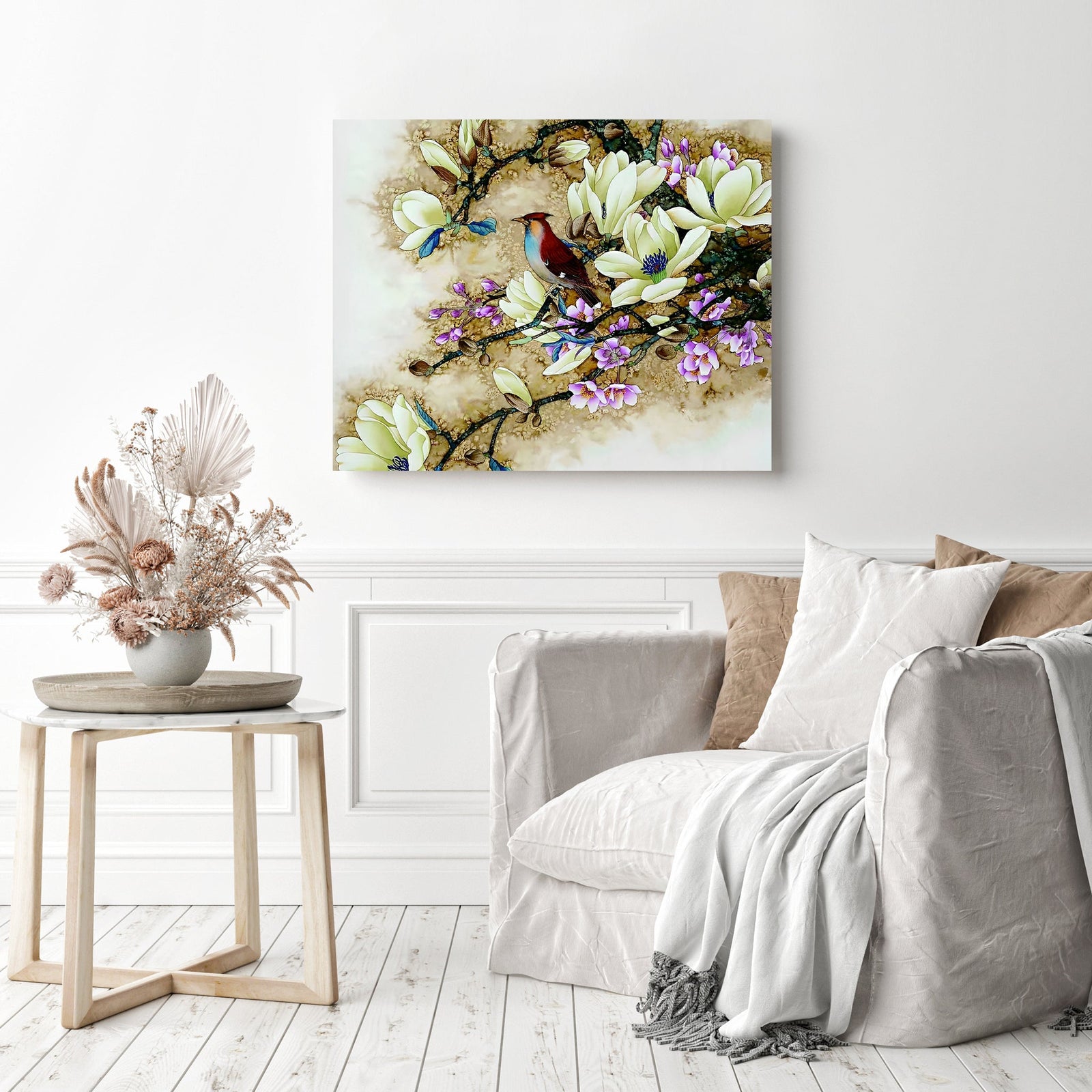 Bird Perched on Branch | Diamond Painting Displayed as Home Decor