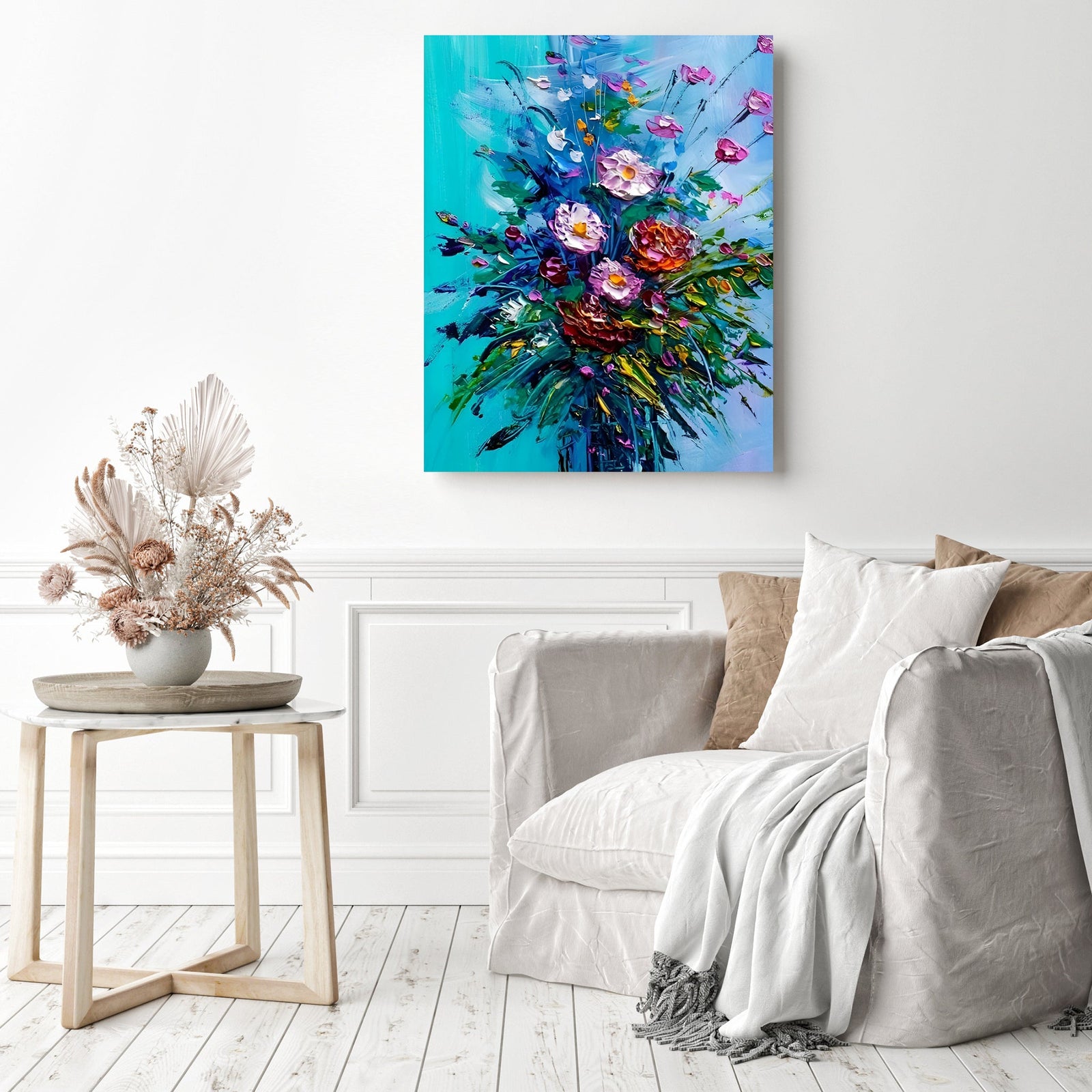 Bouquet of Flowers on Blue Background | Diamond Painting Displayed as Home Decor