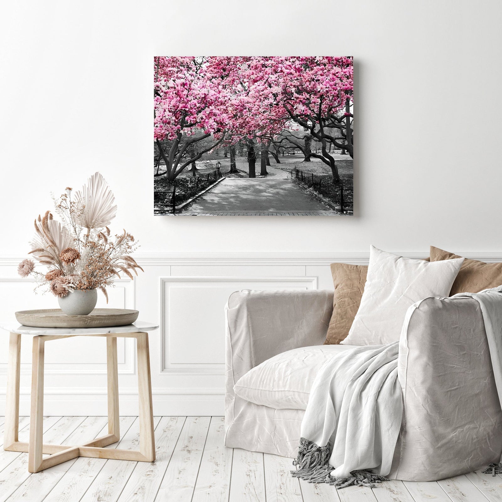 Pink Blossoms in Black and White | Diamond Painting Displayed as Home Decor