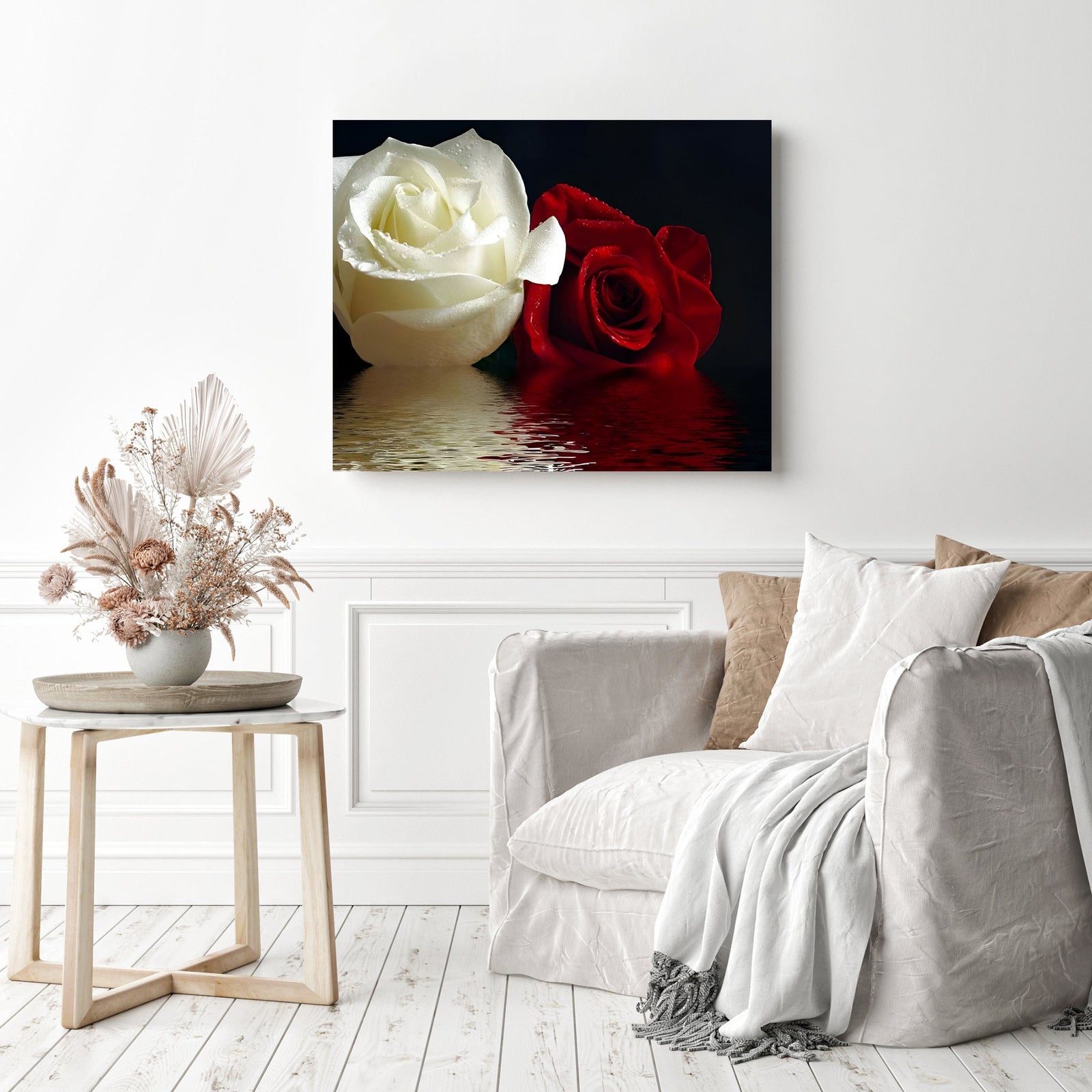 Red & White Roses Reflection | Diamond Painting Displayed as Home Decor