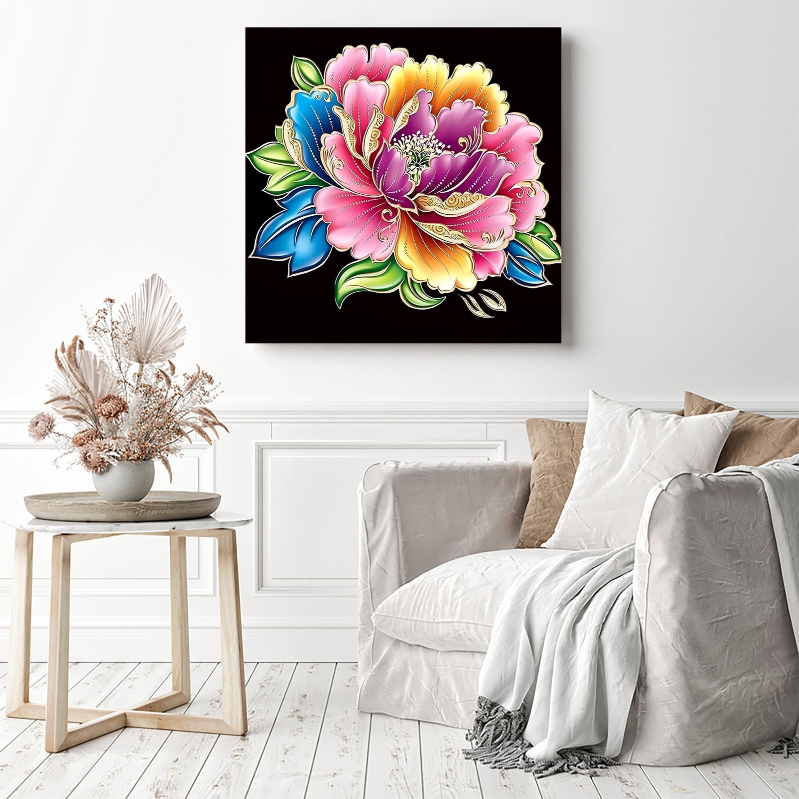 Multicolored Peony | Diamond Painting Displayed as Home Decor