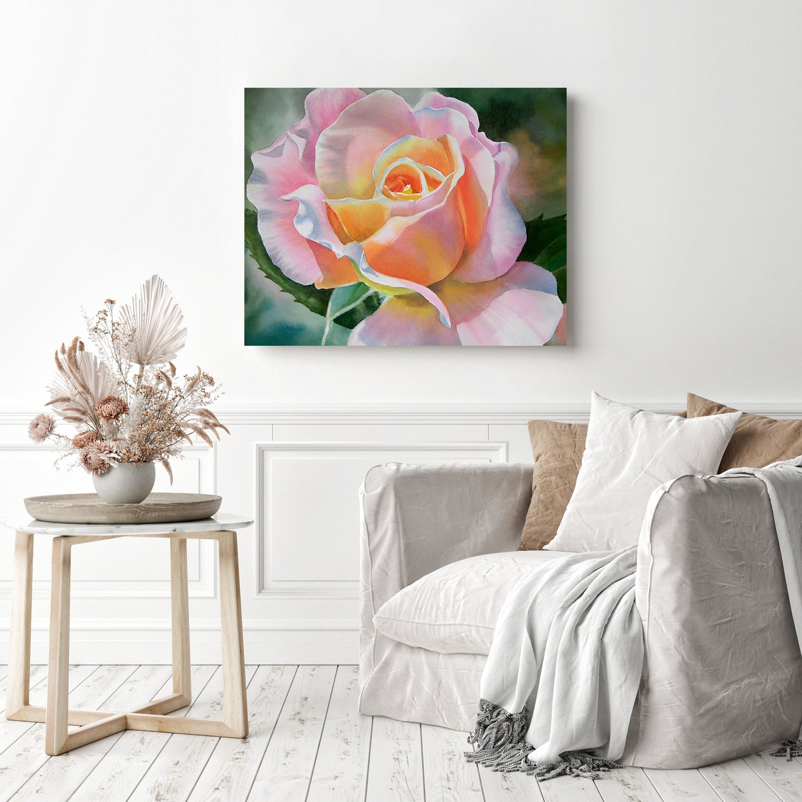 Pink and Peach Rose Bud | Diamond Painting Displayed as Home Decor