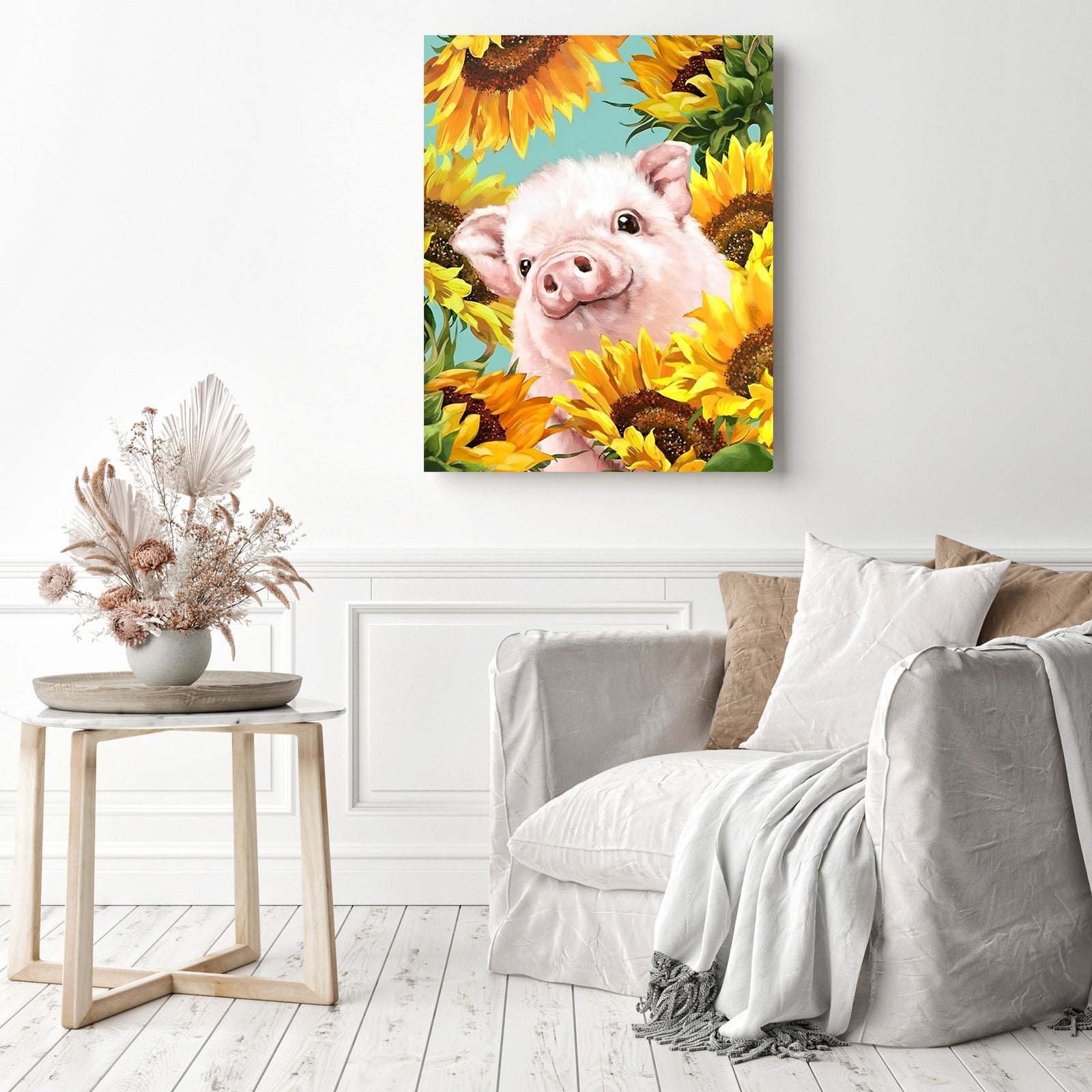 Pig In Sunflowers | Diamond Painting Displayed as Home Decor