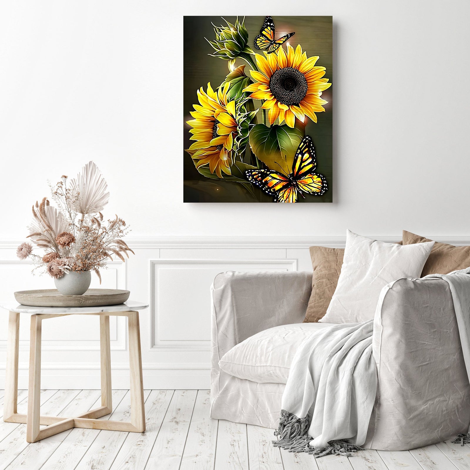 Sunflowers and Butterflies | Diamond Painting Displayed as Home Decor