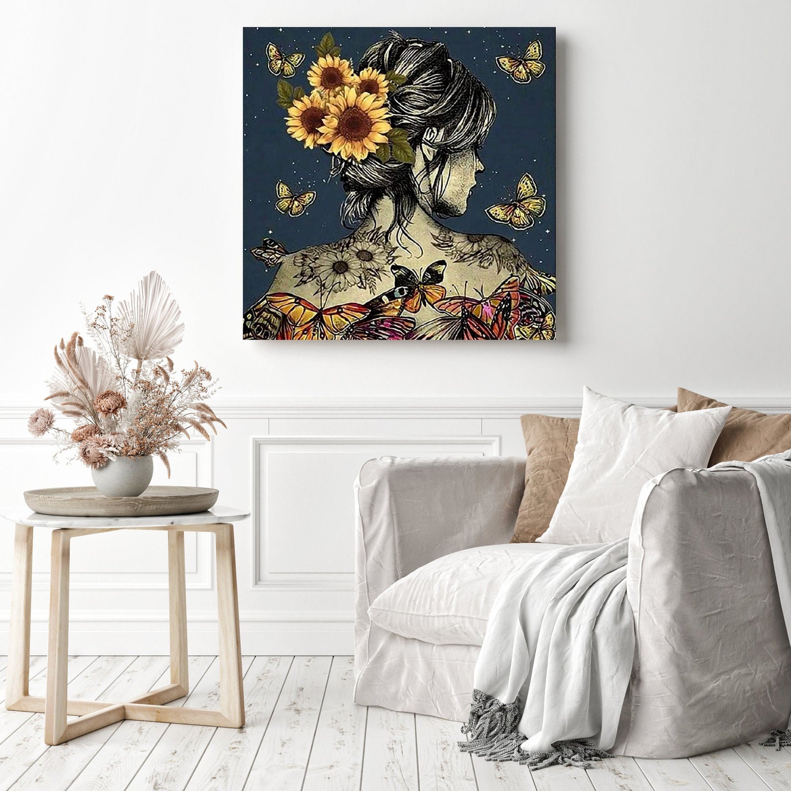 Sunflowers and Girl | Diamond Painting Displayed as Home Decor