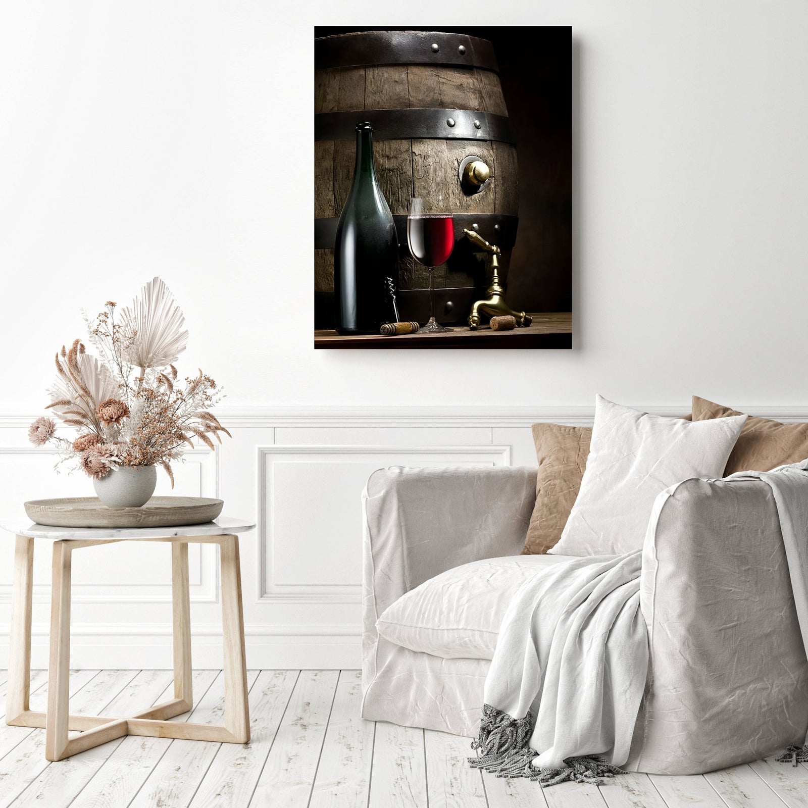 Wine Bottle and Barrel | Diamond Painting Displayed as Home Decor