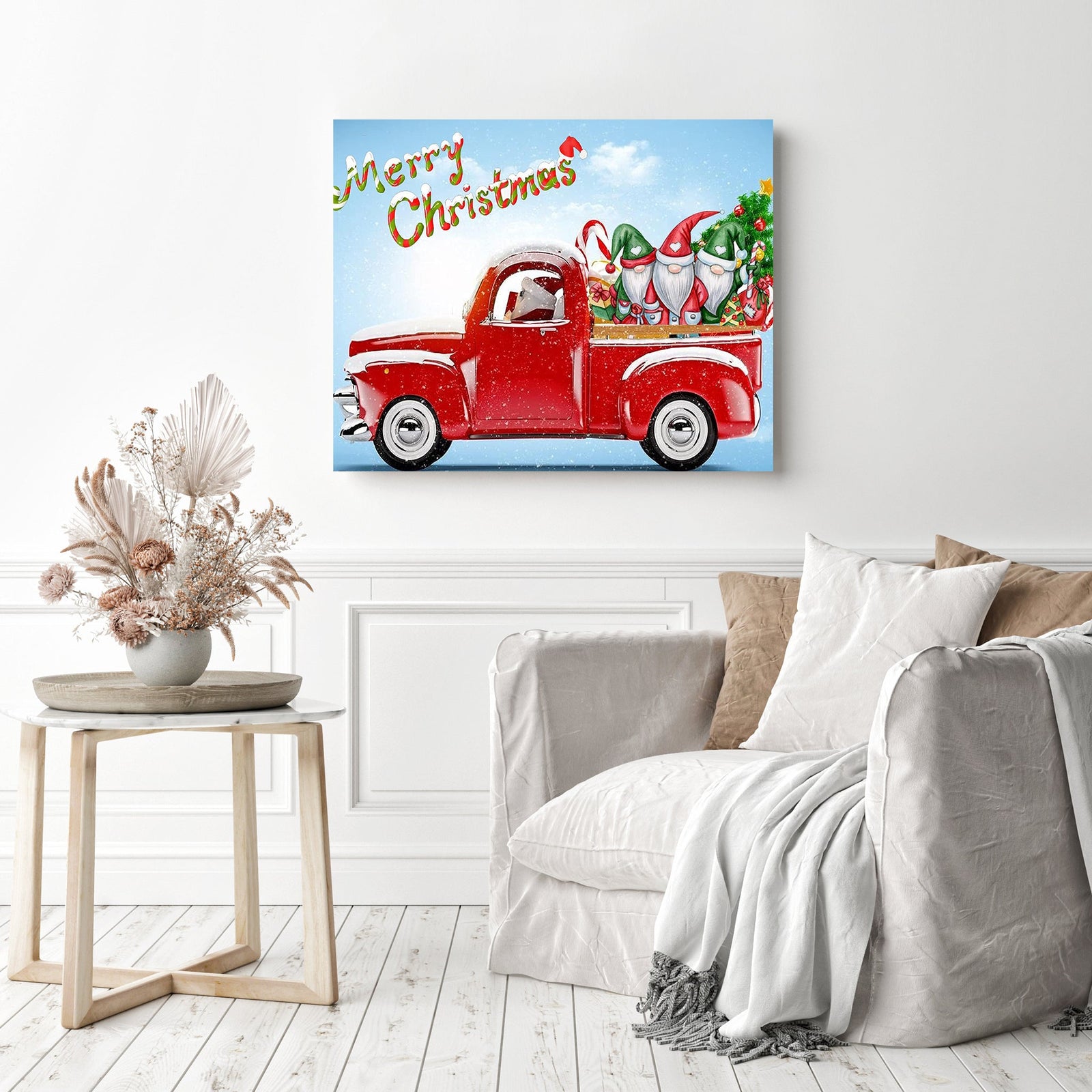 Christmas Gnomes in Truck | Diamond Painting Displayed as Home Decor