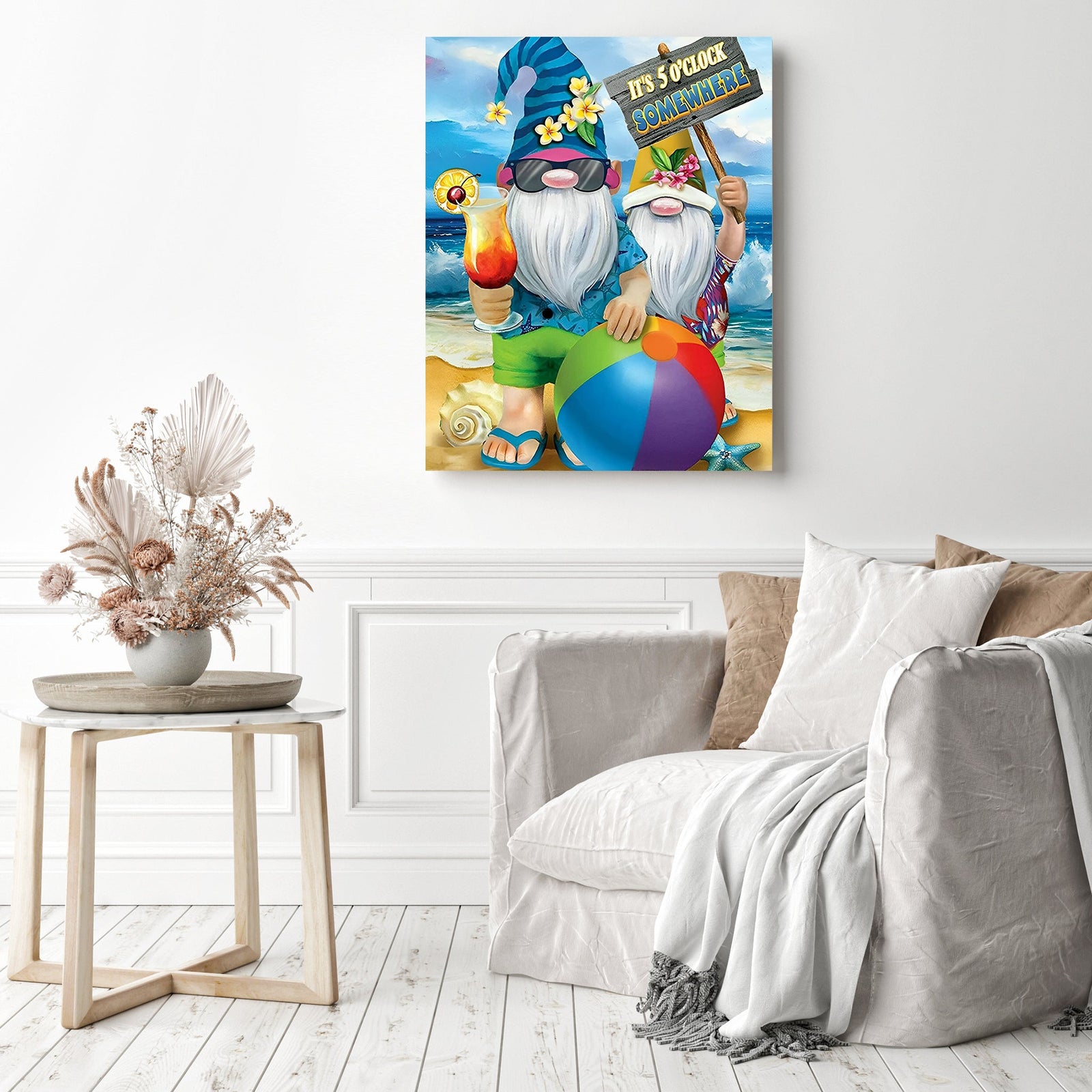 Gnome's Beach Vacation | Diamond Painting Displayed as Home Decor