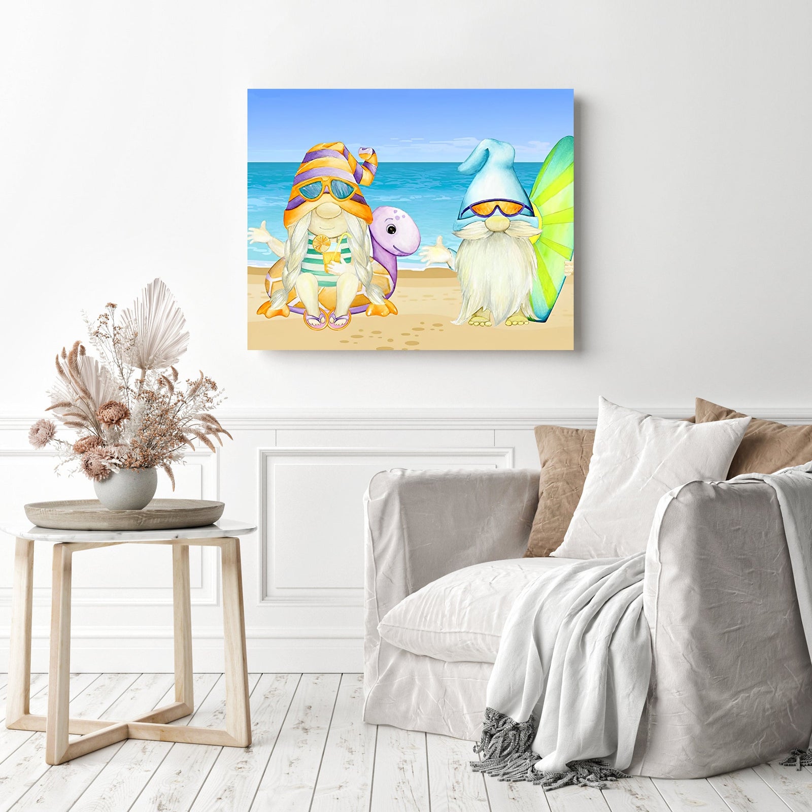 Summer Gnome Beach | Diamond Painting Displayed as Home Decor