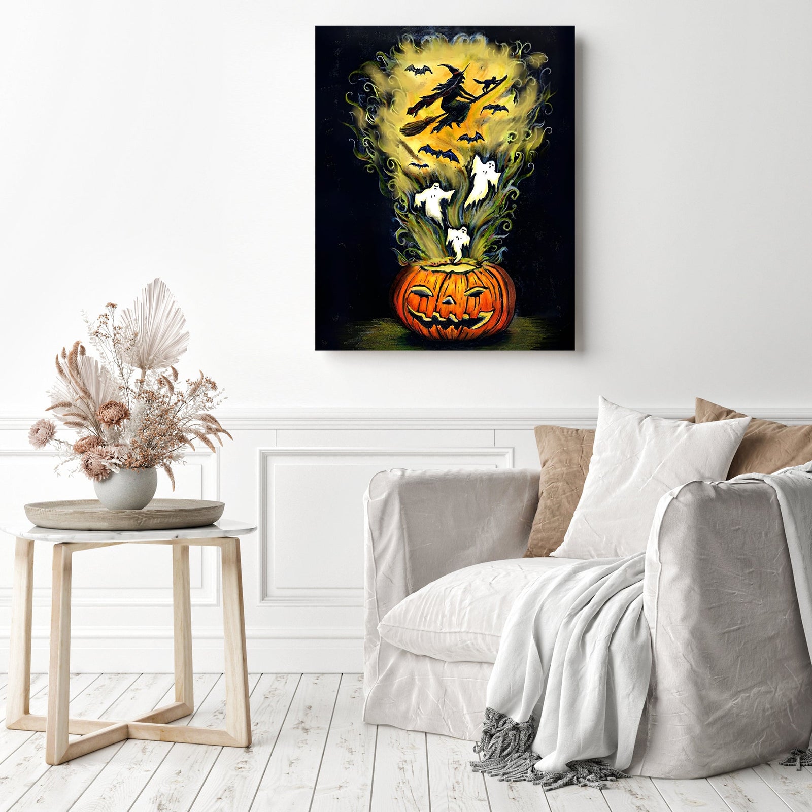 Witch Riding a Broom | Diamond Painting Displayed as Home Decor