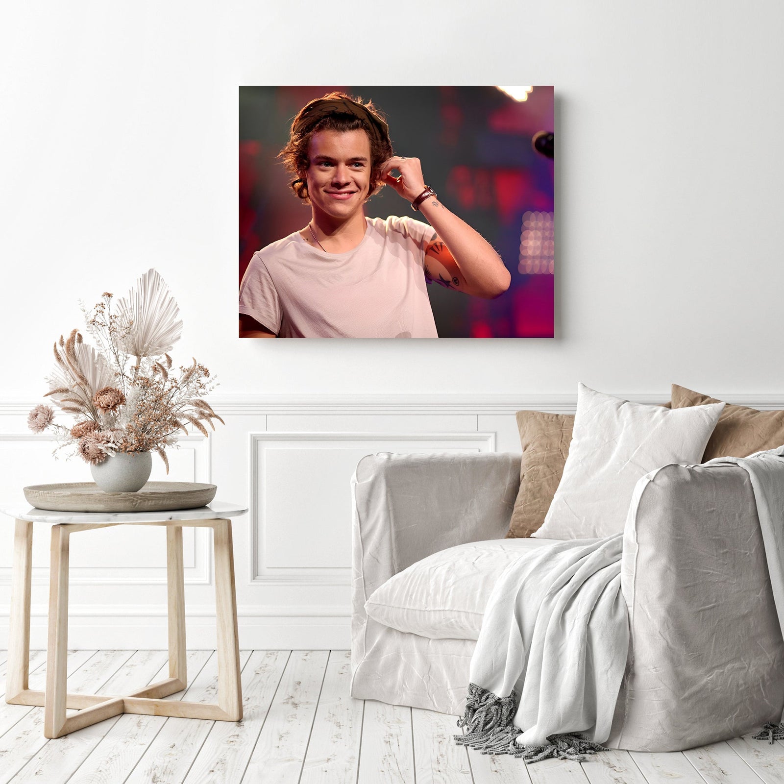 Harry Styles in White Shirt | Diamond Painting Displayed as Home Decor