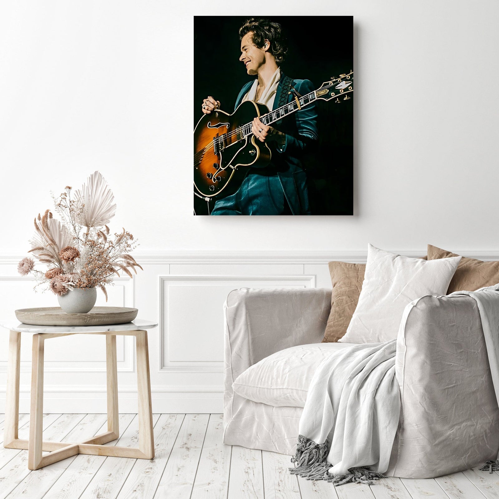 Harry Styles and Guitar | Diamond Painting Displayed as Home Decor