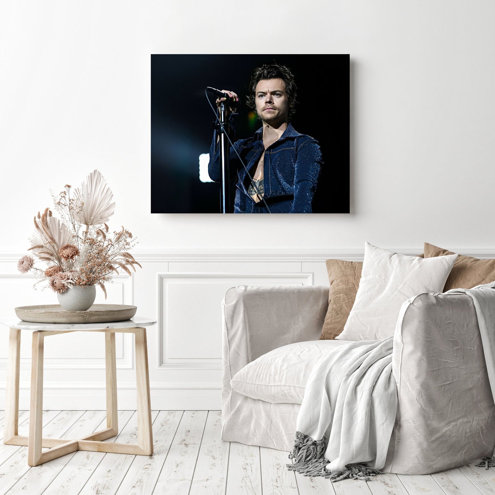 Harry Styles Holding Mic | Diamond Painting Displayed as Home Decor