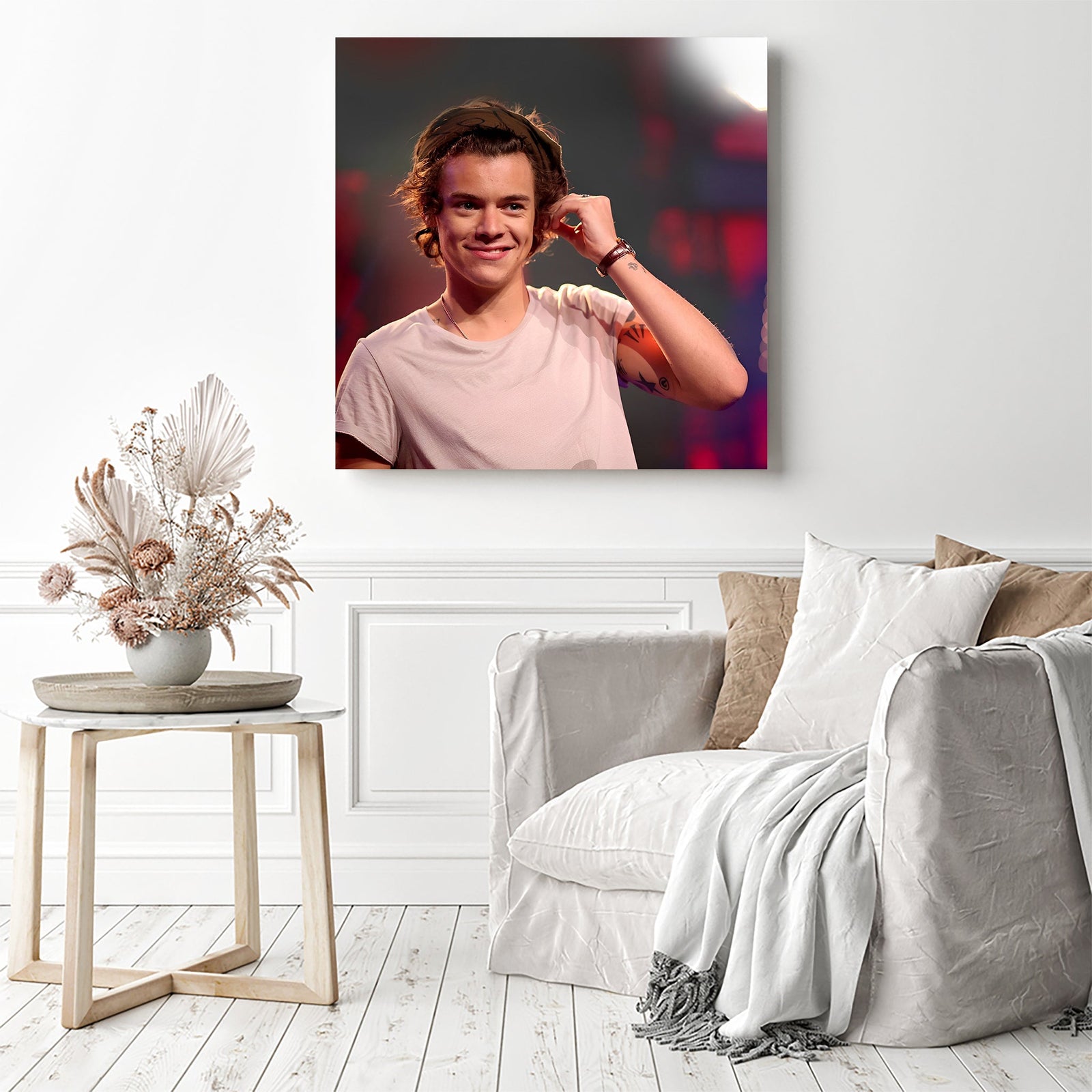 Harry Styles with White Shirt | Diamond Painting Displayed as Home Decor