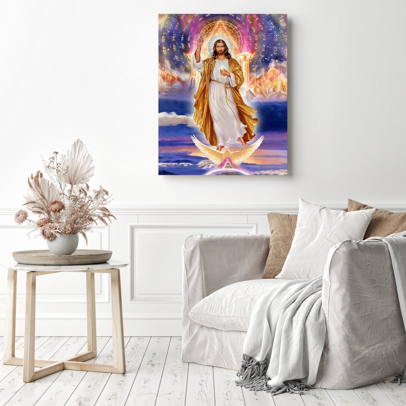 Jesus with Dove | Diamond Painting Displayed as Home Decor