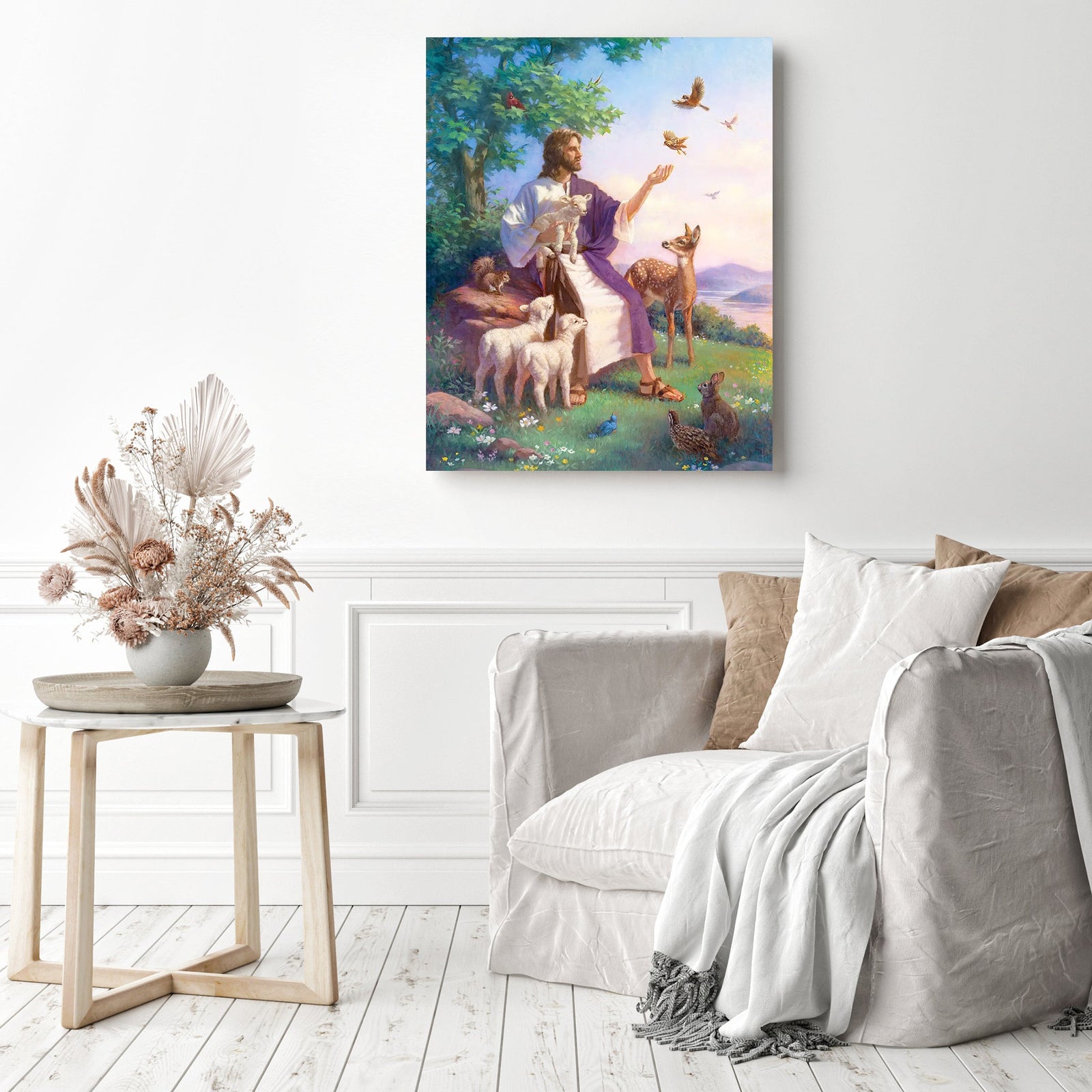 Jesus with animal | Diamond Painting Displayed as Home Decor