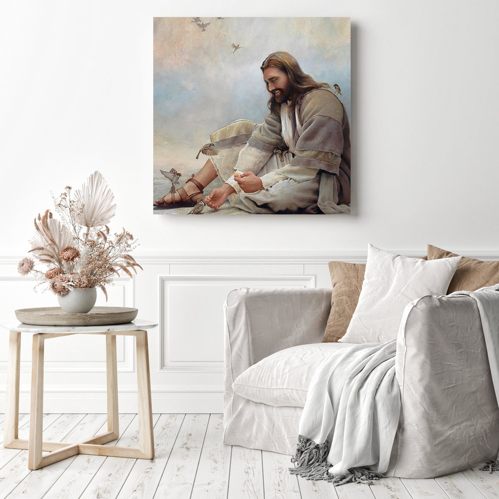 Jesus and Sparrows | Diamond Painting Displayed as Home Decor