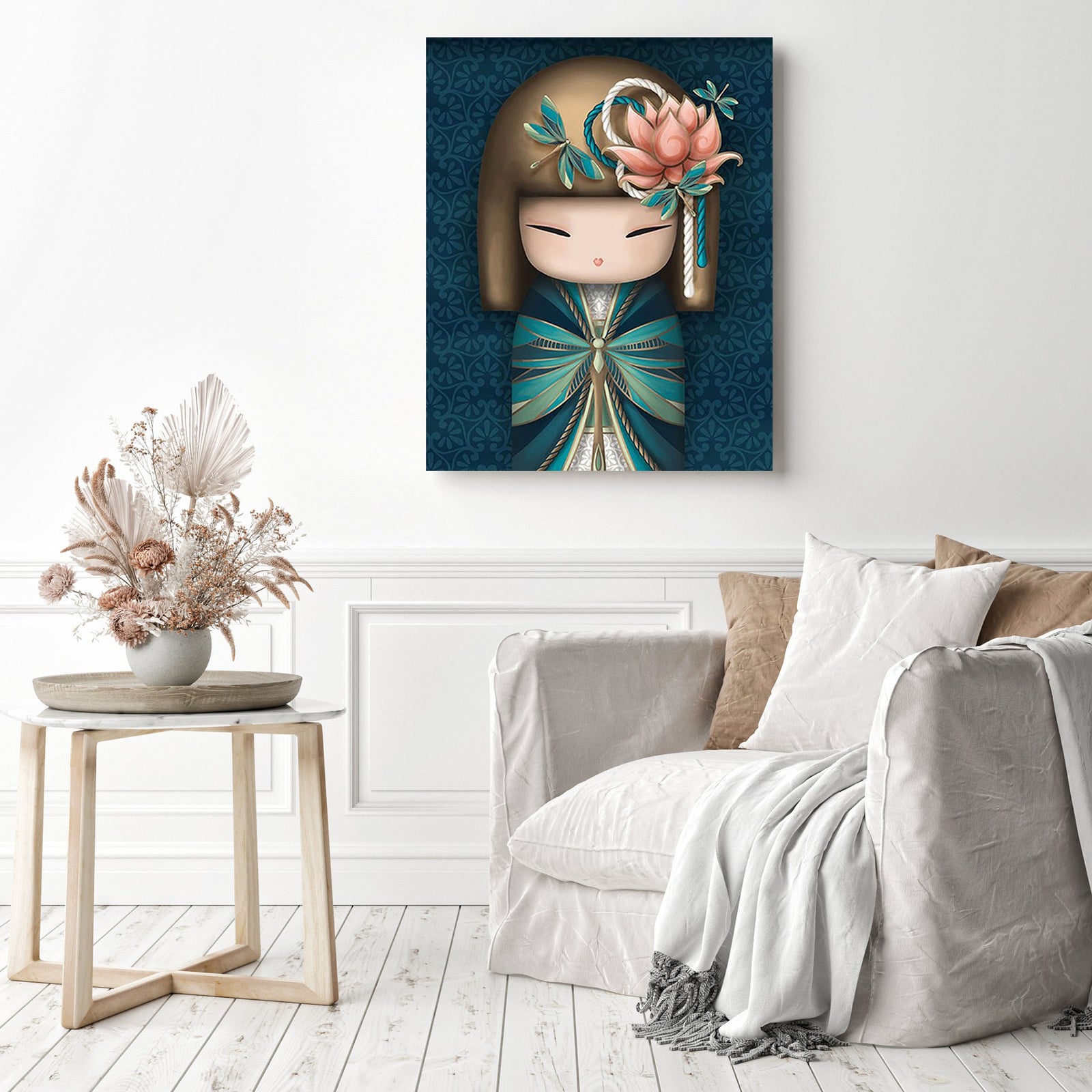 Kimono Girl in Green | Diamond Painting Displayed as Home Decor