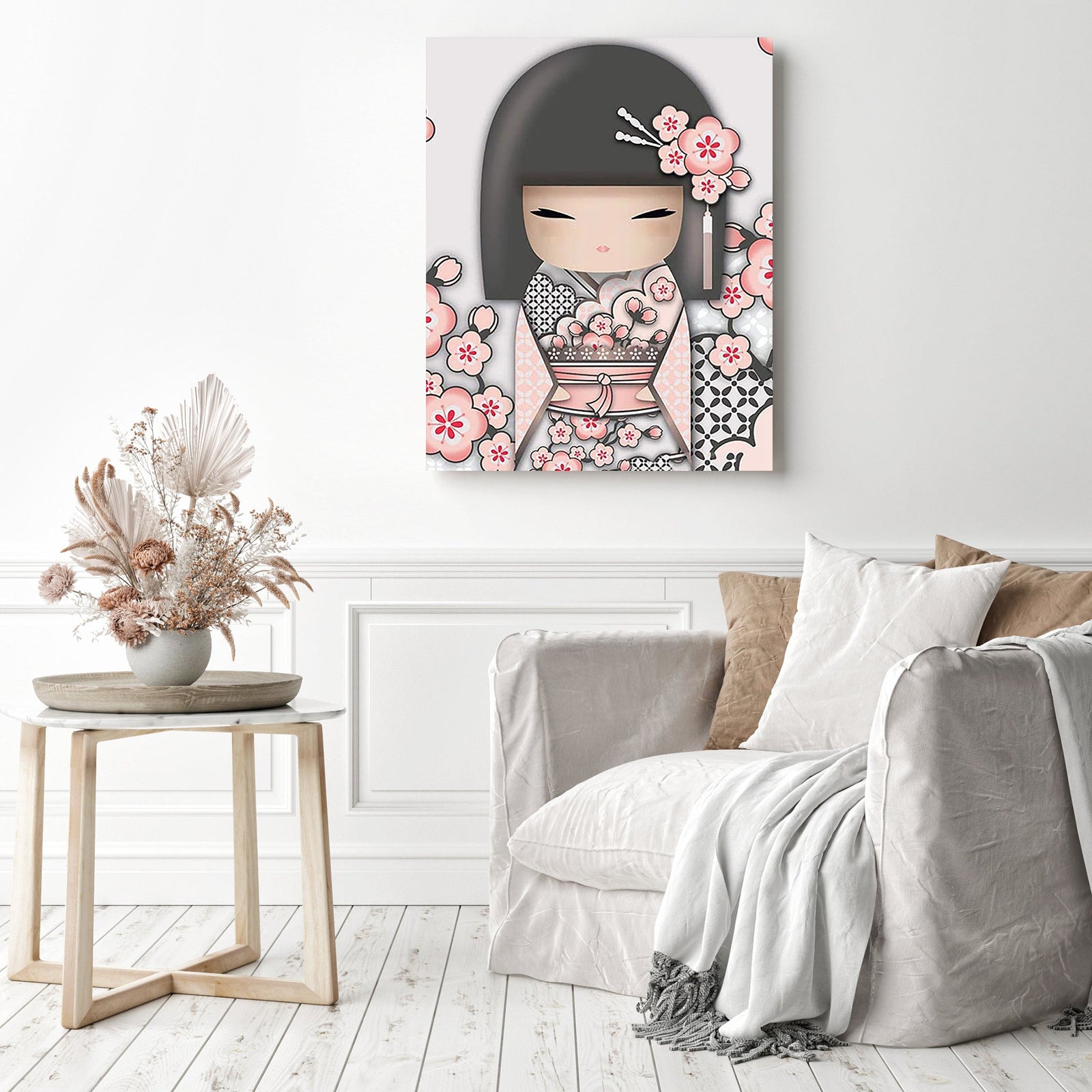 Kimono Girl in Pink | Diamond Painting Displayed as Home Decor