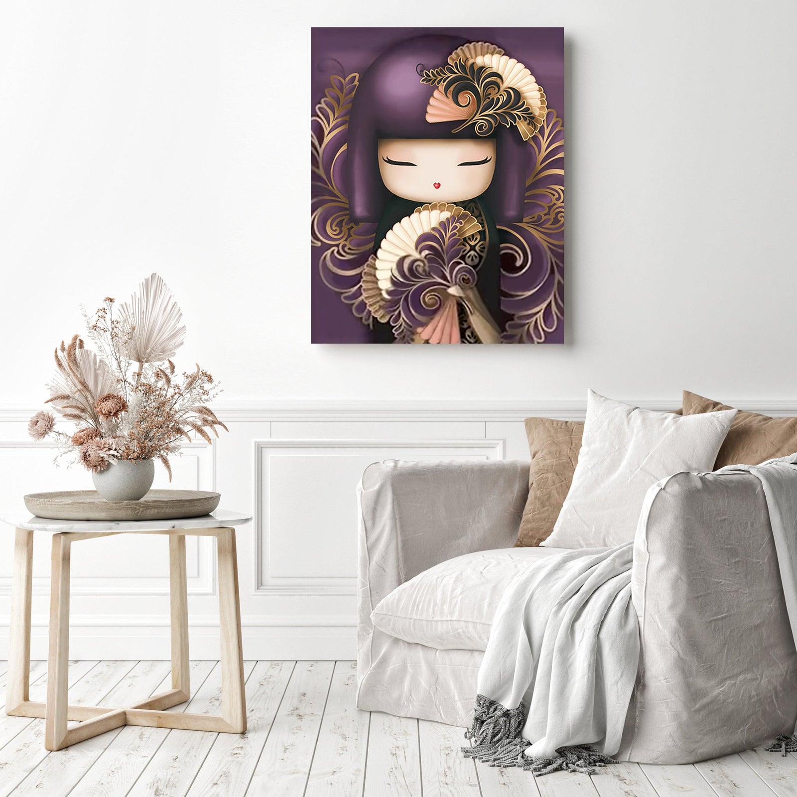 Kimono Girl in Purple | Diamond Painting Displayed as Home Decor