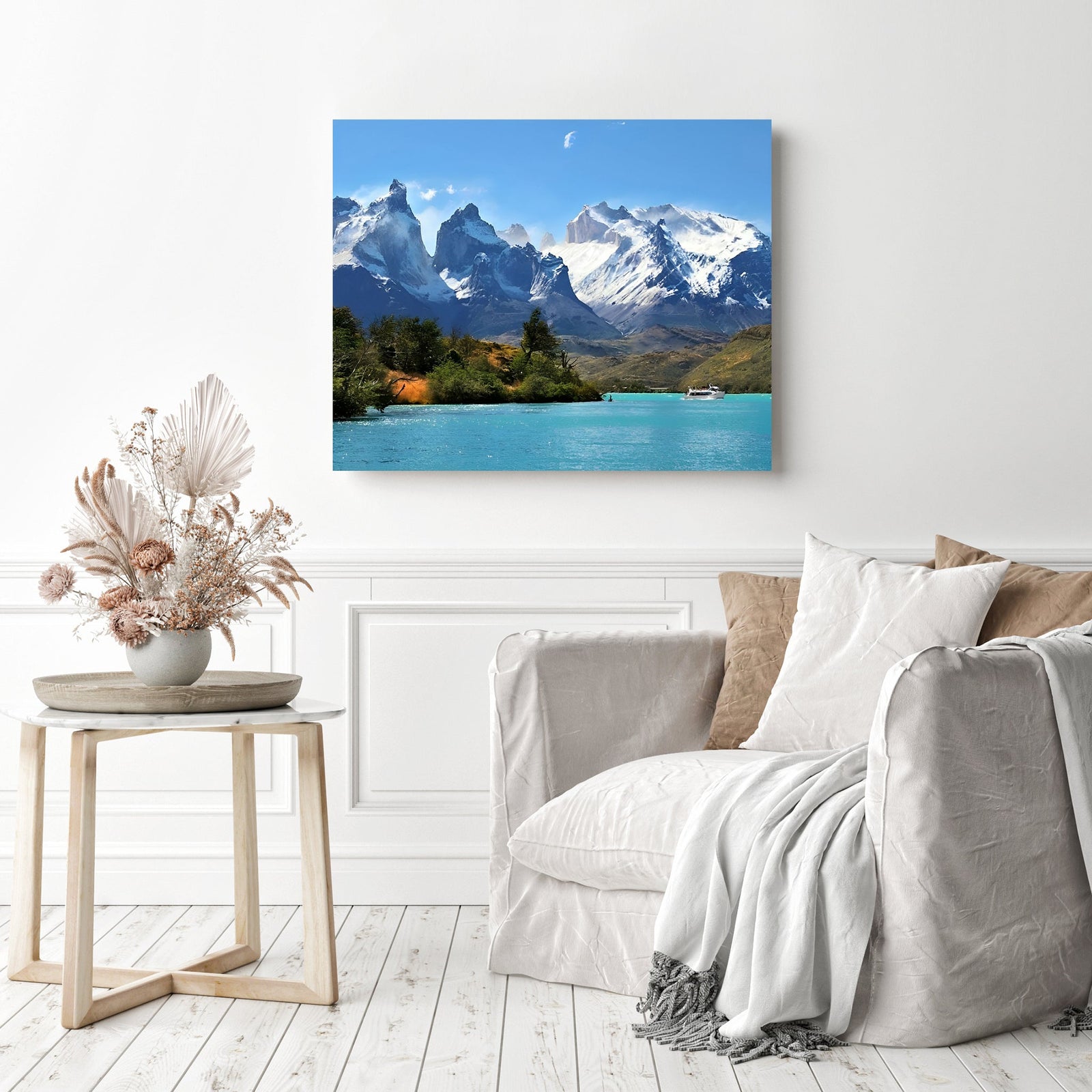 Azure Lake Pehoe | Diamond Painting Displayed as Home Decor