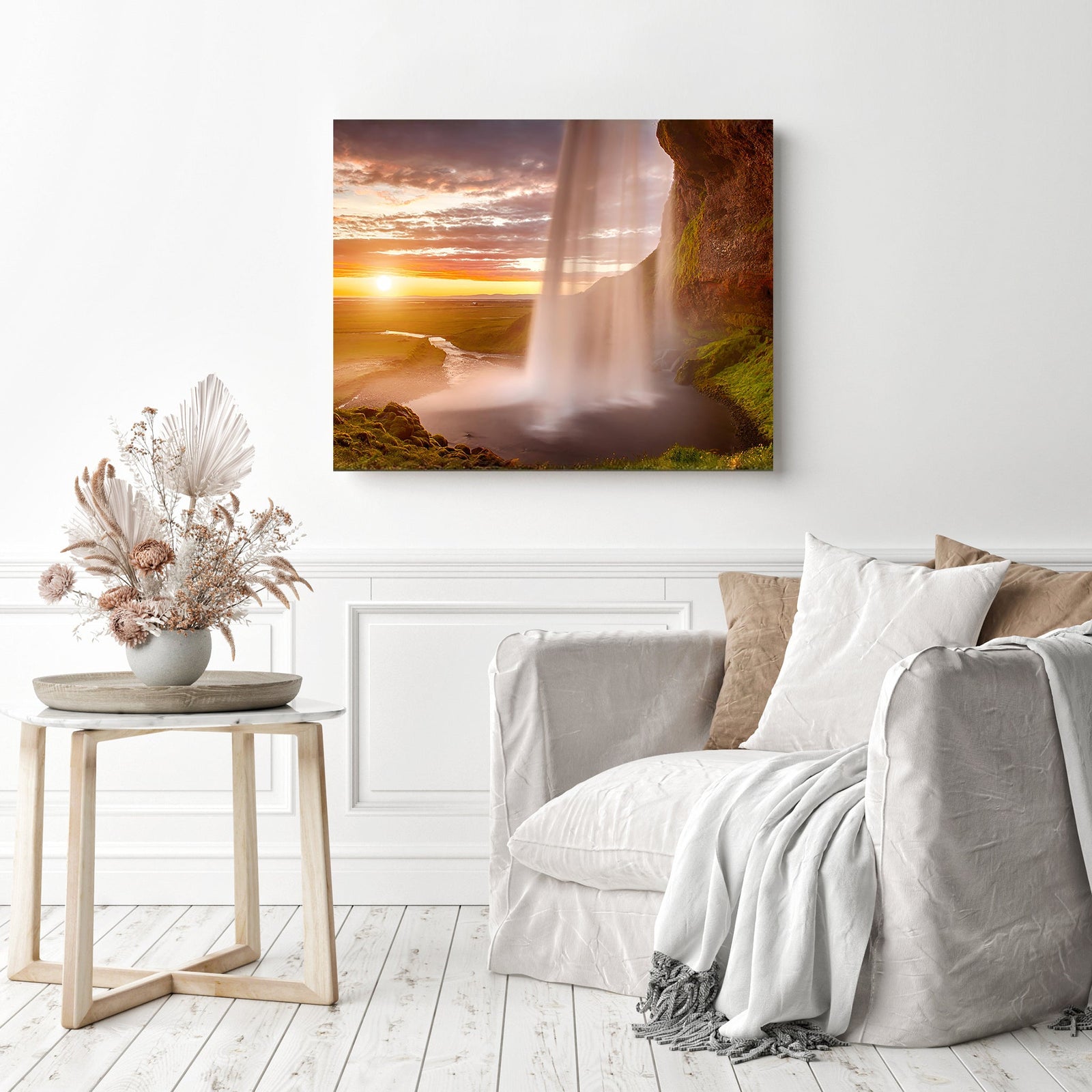 Sunset over Seljalandsfoss Waterfall | Diamond Painting Displayed as Home Decor