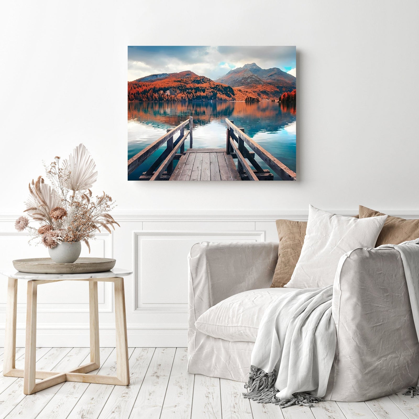 Wooden Pier on Autumn lake Sils | Diamond Painting Displayed as Home Decor