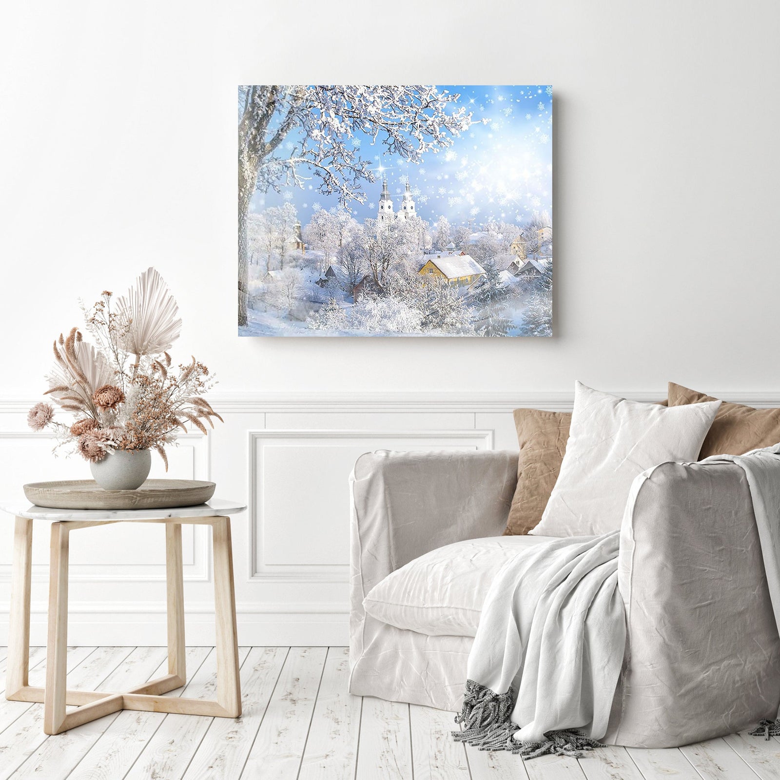 Cold Winter Village | Diamond Painting Displayed as Home Decor