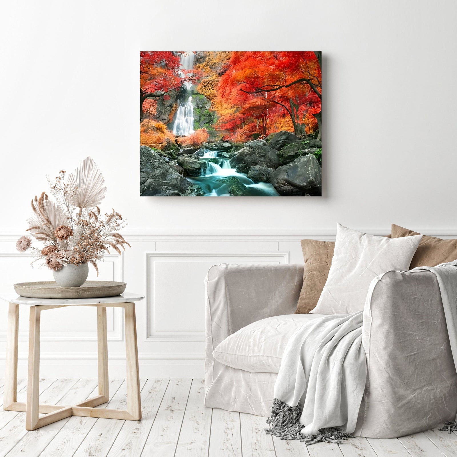 Autumn Forest Waterfall | Diamond Painting Displayed as Home Decor