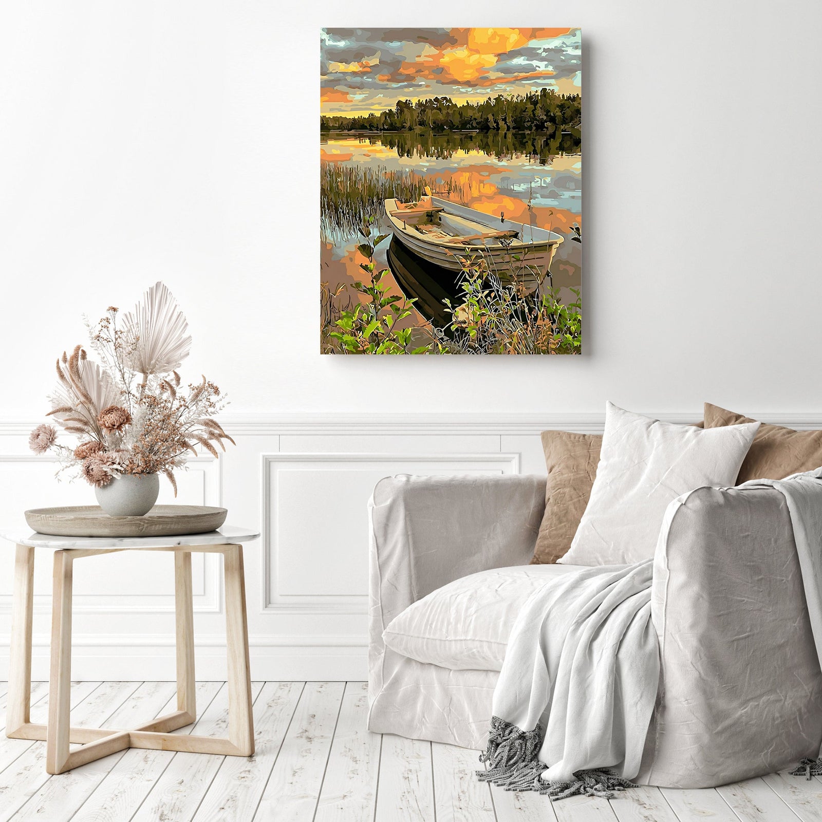 Lakeside Boat | Diamond Painting Displayed as Home Decor