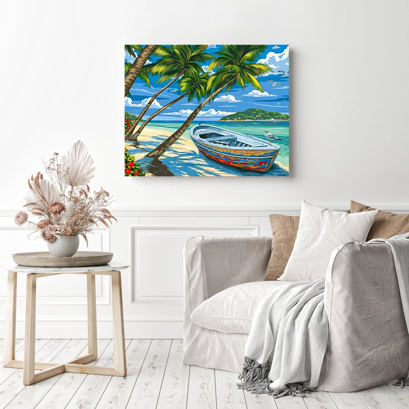 Boat Stranded on an Island | Diamond Painting Displayed as Home Decor