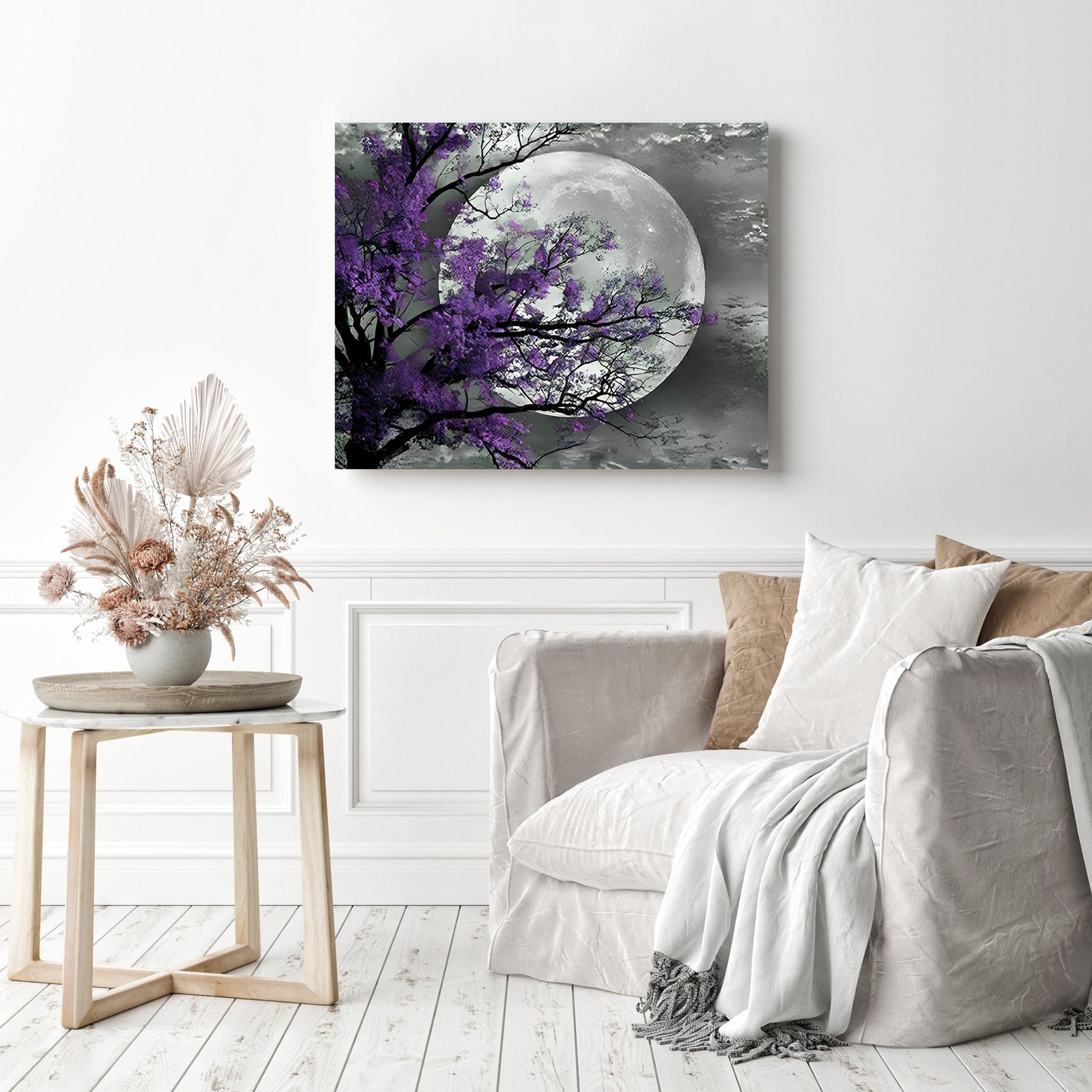 Purple Flower Tree Moon | Diamond Painting Displayed as Home Decor