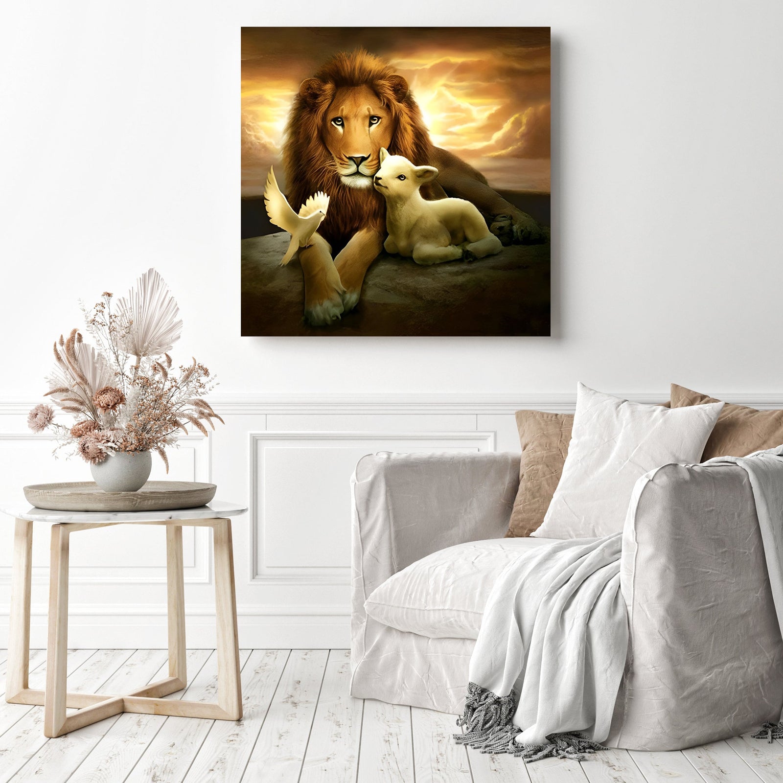 Bird Lamb Lion | Diamond Painting Displayed as Home Decor