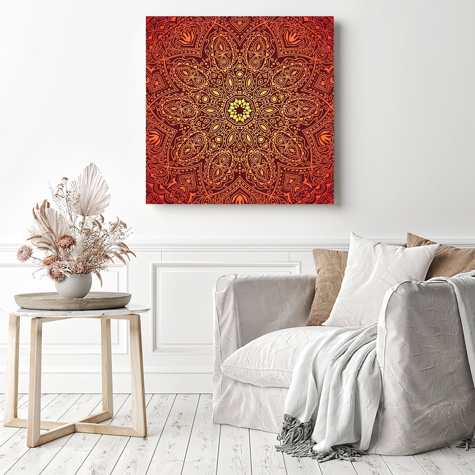 Orange Gradient Mandala | Diamond Painting Displayed as Home Decor