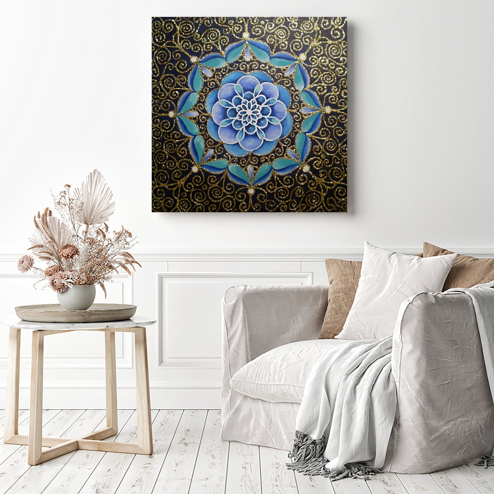 Mandalas in Blue and Gold | Diamond Painting Displayed as Home Decor