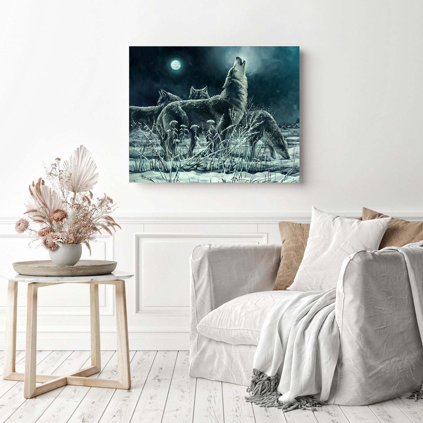 Moonlight Wolf Pack | Diamond Painting Displayed as Home Decor